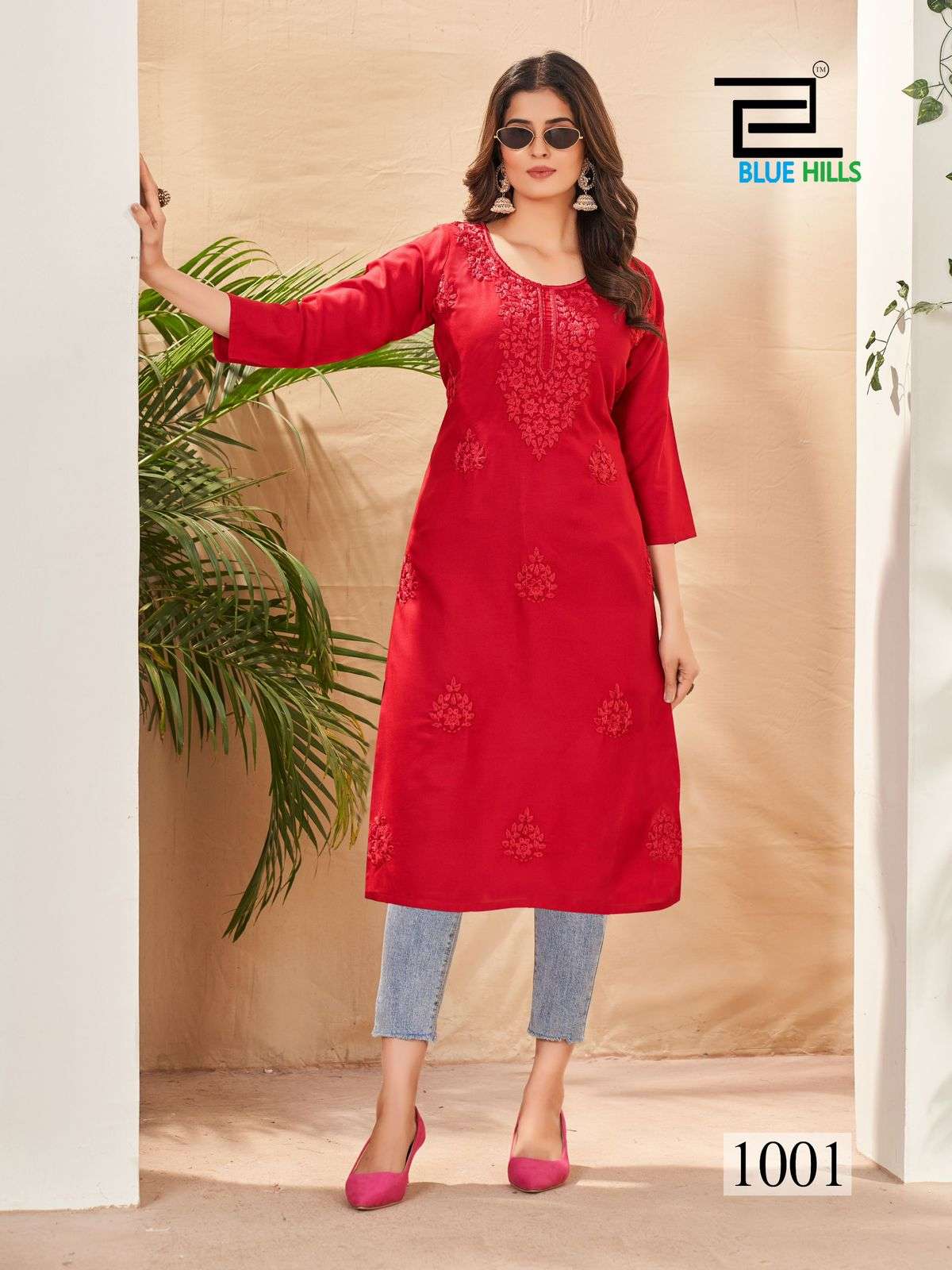BLUE HILLS SUPRIYA RAYON CHIKANKARI WORK FANCY KURTI