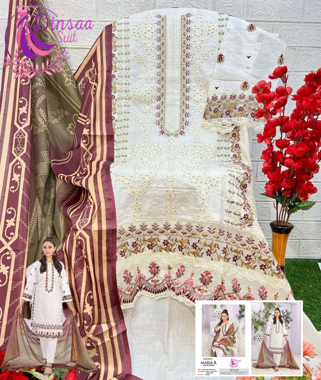DINSAA SUIT D NO 254 COTTON EMBROIDERY DESIGNER PAKISTANI SUIT