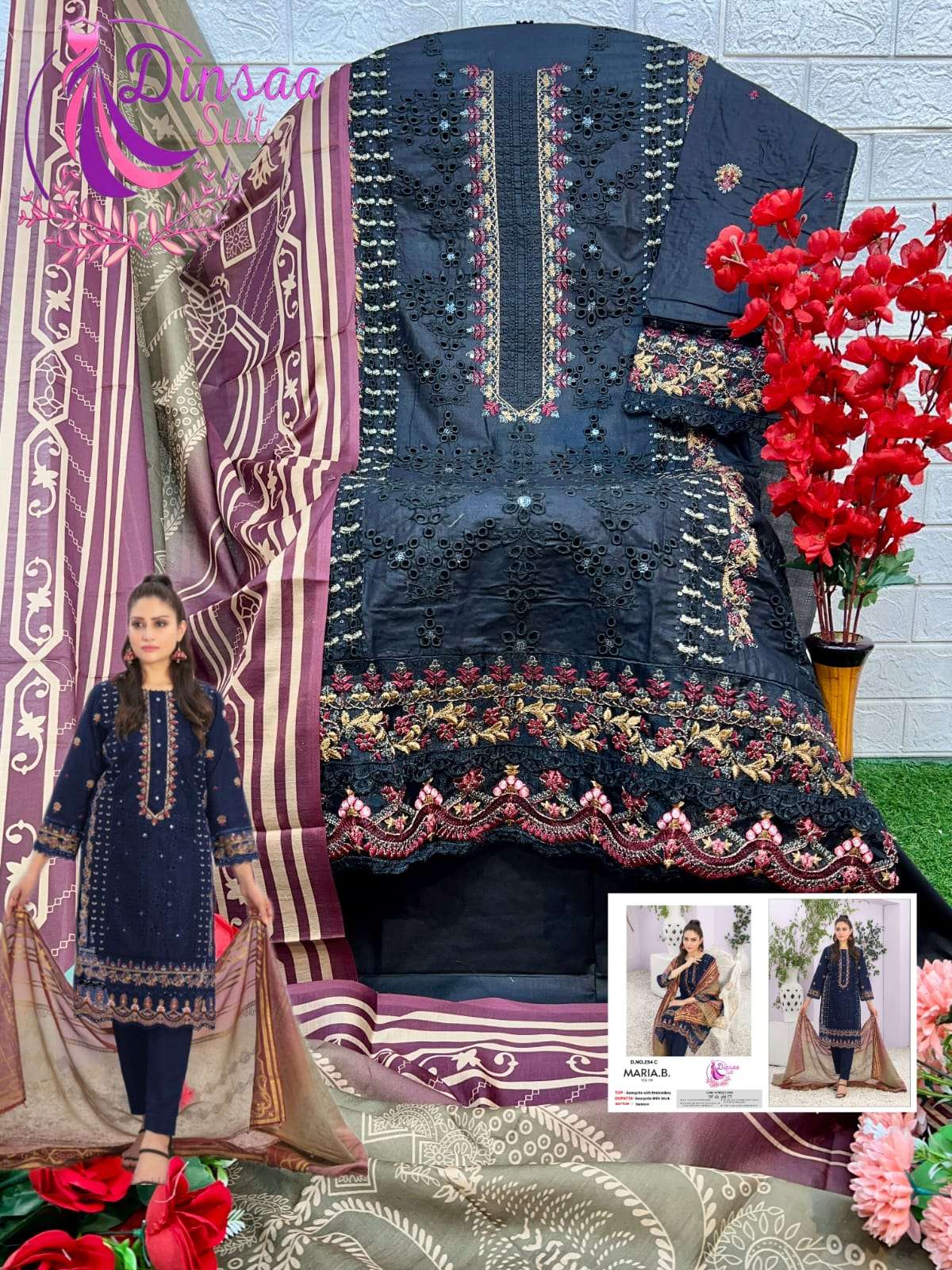 DINSAA SUIT D NO 254 COTTON EMBROIDERY DESIGNER PAKISTANI SUIT