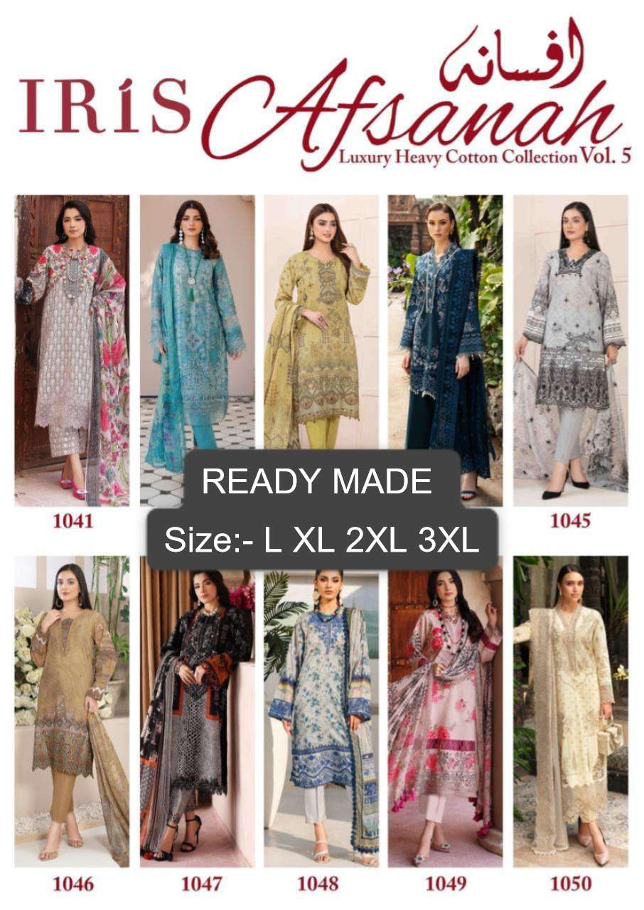 IRIS AFSANAH VOL 5 READY MADE COLLECTION COTTON DIGITAL PRINTS SUIT