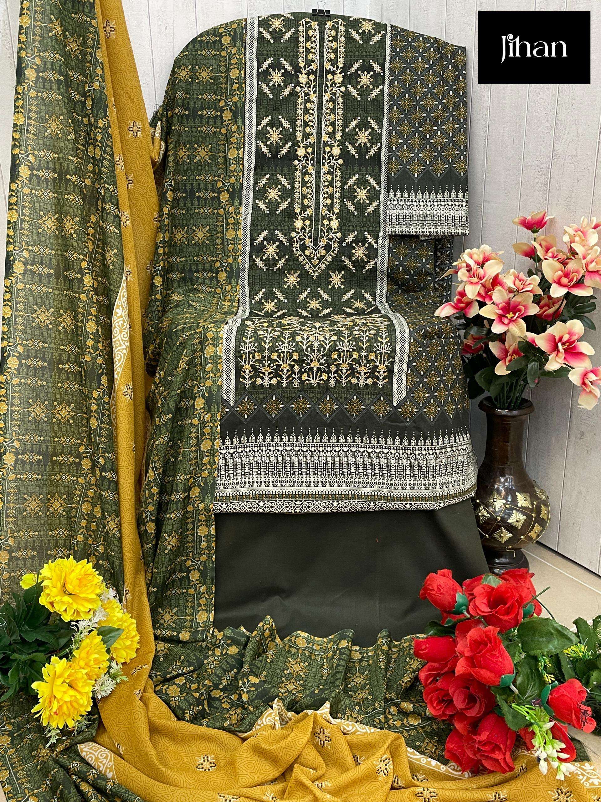 JIHAN D NO 3411 LAWN COTTON PRINT WITH FANCY WORK SALWAR KAMEEZ 