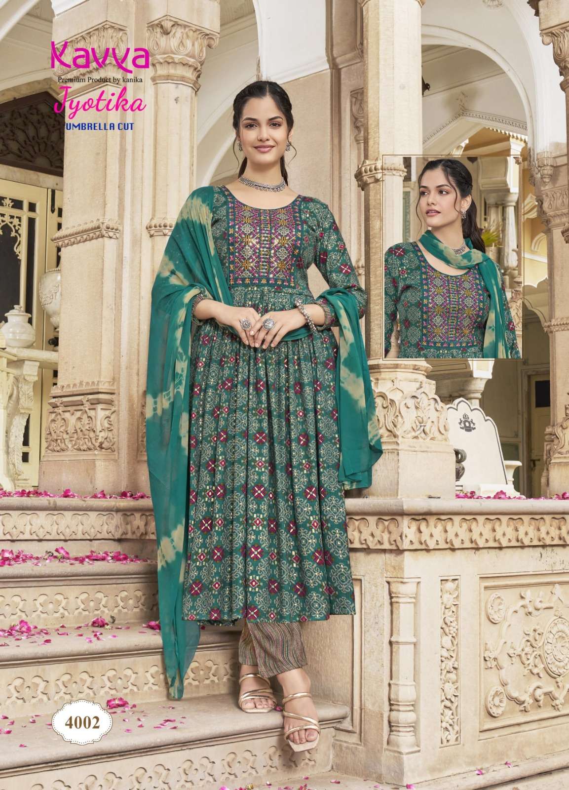 KAVYA JYOTIKA VOL 4 FANCY PRINT NAIRA CUT PATTERN KURTI COMBO SET 