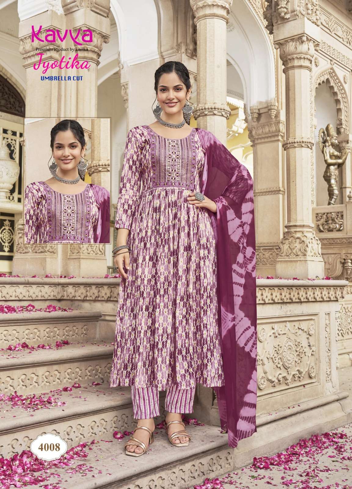KAVYA JYOTIKA VOL 4 FANCY PRINT NAIRA CUT PATTERN KURTI COMBO SET 