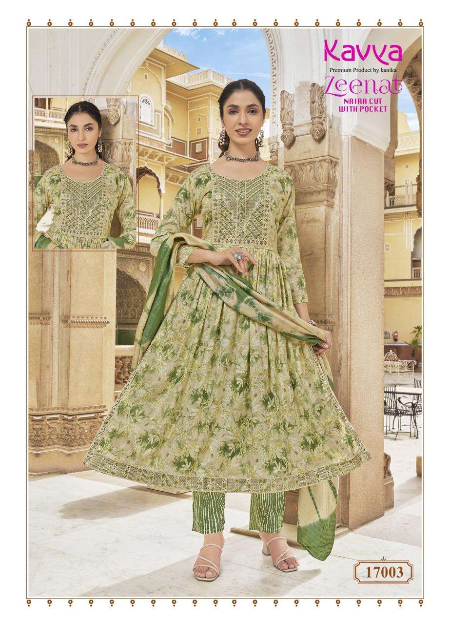 KAVYA ZEENAT VOL 17 FANCY PRINTS NAIRA CUT PATTERN LADIES KURTI COMB SET 