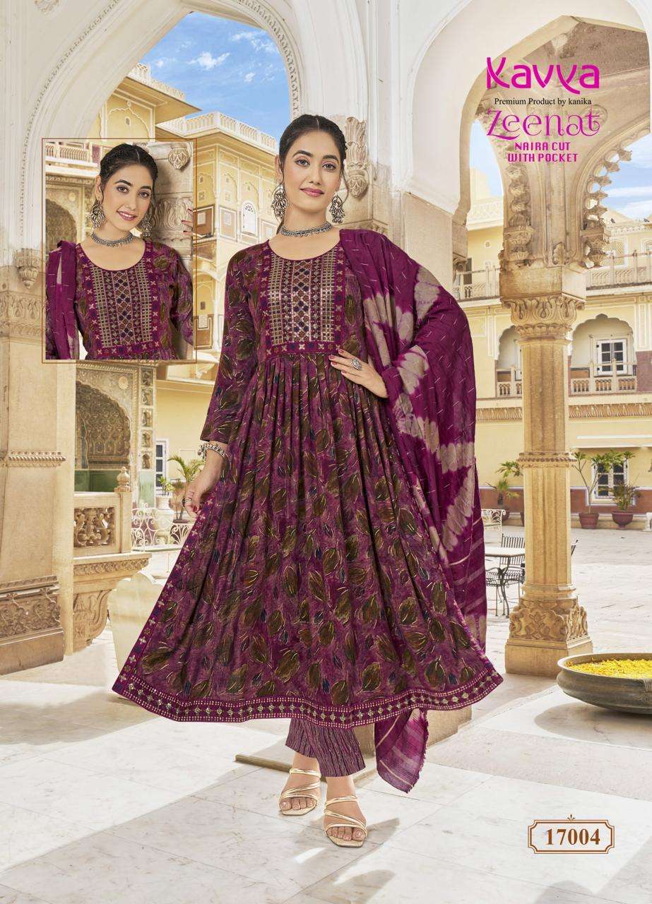 KAVYA ZEENAT VOL 17 FANCY PRINTS NAIRA CUT PATTERN LADIES KURTI COMB SET 
