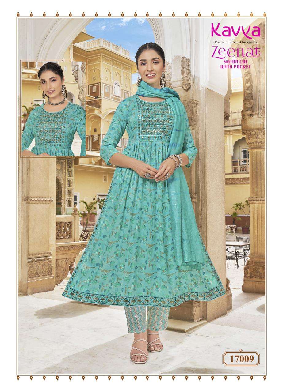 KAVYA ZEENAT VOL 17 FANCY PRINTS NAIRA CUT PATTERN LADIES KURTI COMB SET 