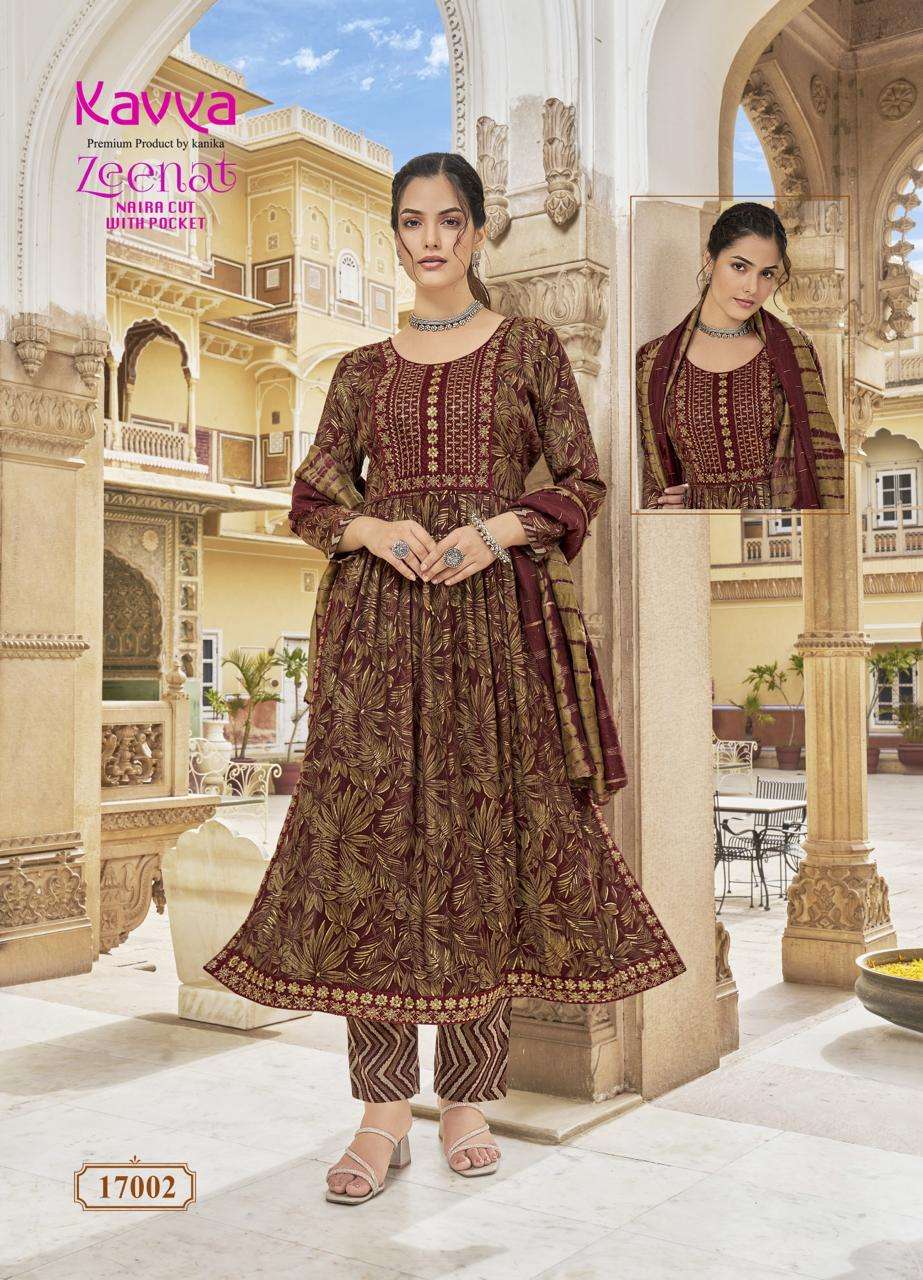 KAVYA ZEENAT VOL 17 FANCY PRINTS NAIRA CUT PATTERN LADIES KURTI COMB SET 