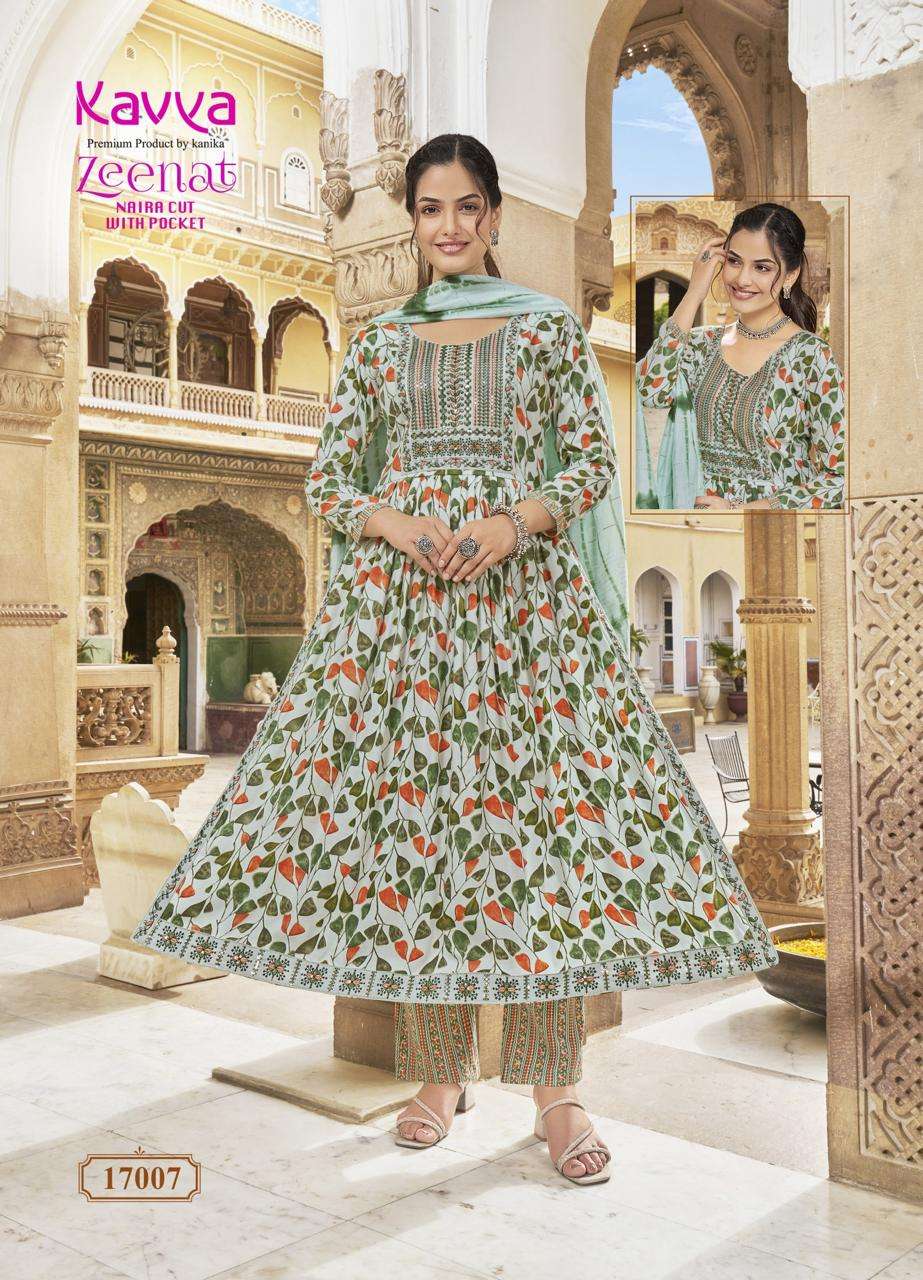 KAVYA ZEENAT VOL 17 FANCY PRINTS NAIRA CUT PATTERN LADIES KURTI COMB SET 