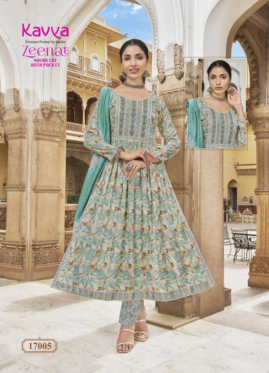 KAVYA ZEENAT VOL 17 FANCY PRINTS NAIRA CUT PATTERN LADIES KURTI COMB SET 