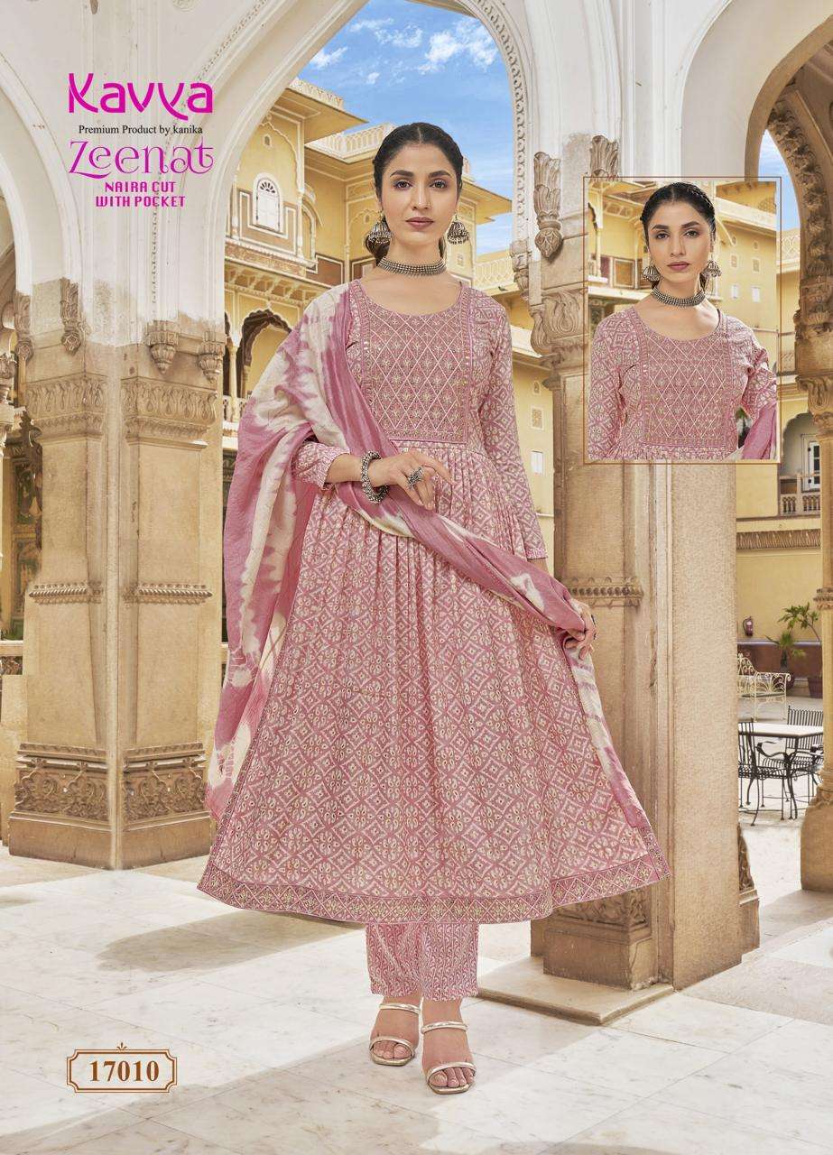 KAVYA ZEENAT VOL 17 FANCY PRINTS NAIRA CUT PATTERN LADIES KURTI COMB SET 