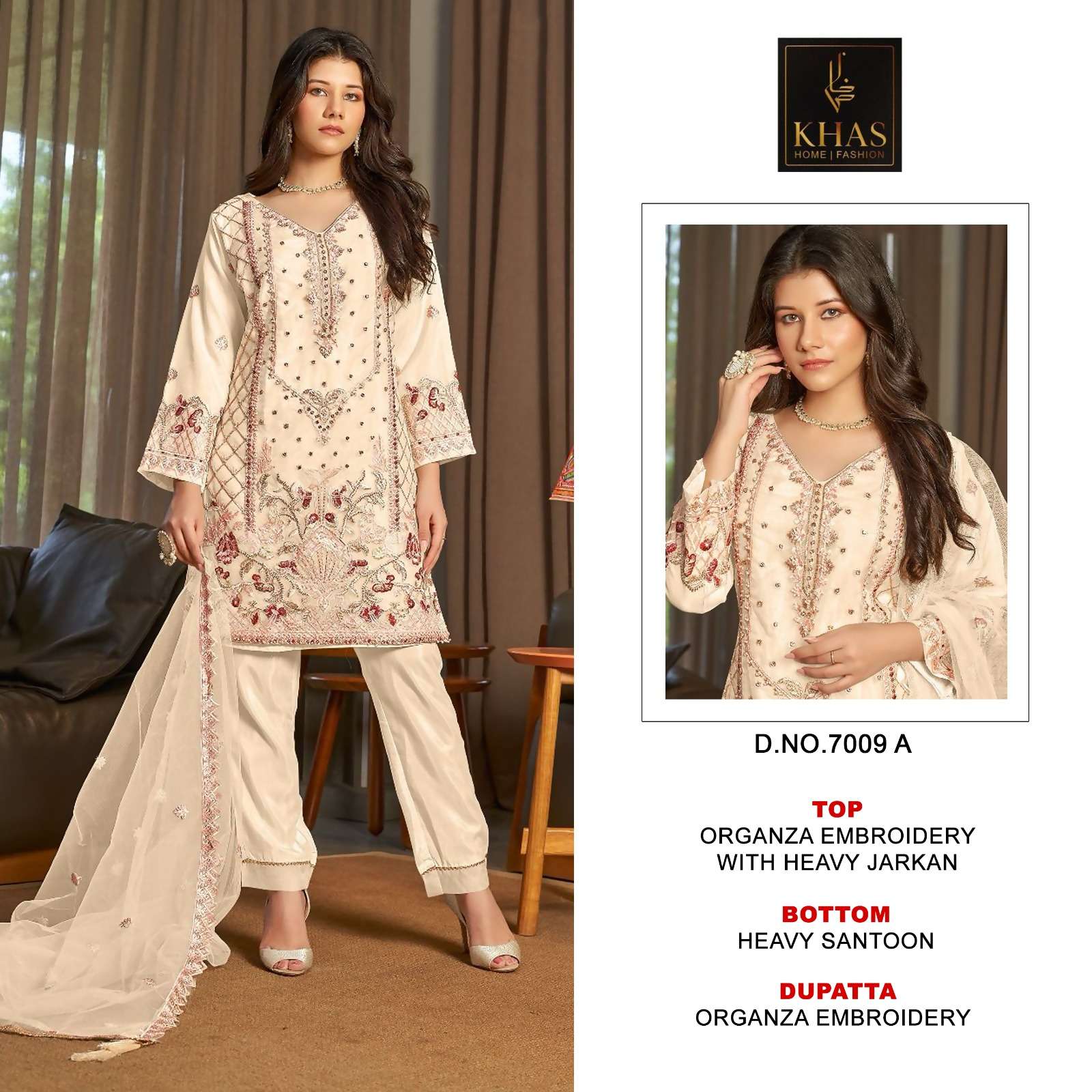 KHAS FASHION D NO 7009 ORGANZA FANCY EMBROIDERY WORK SUIT