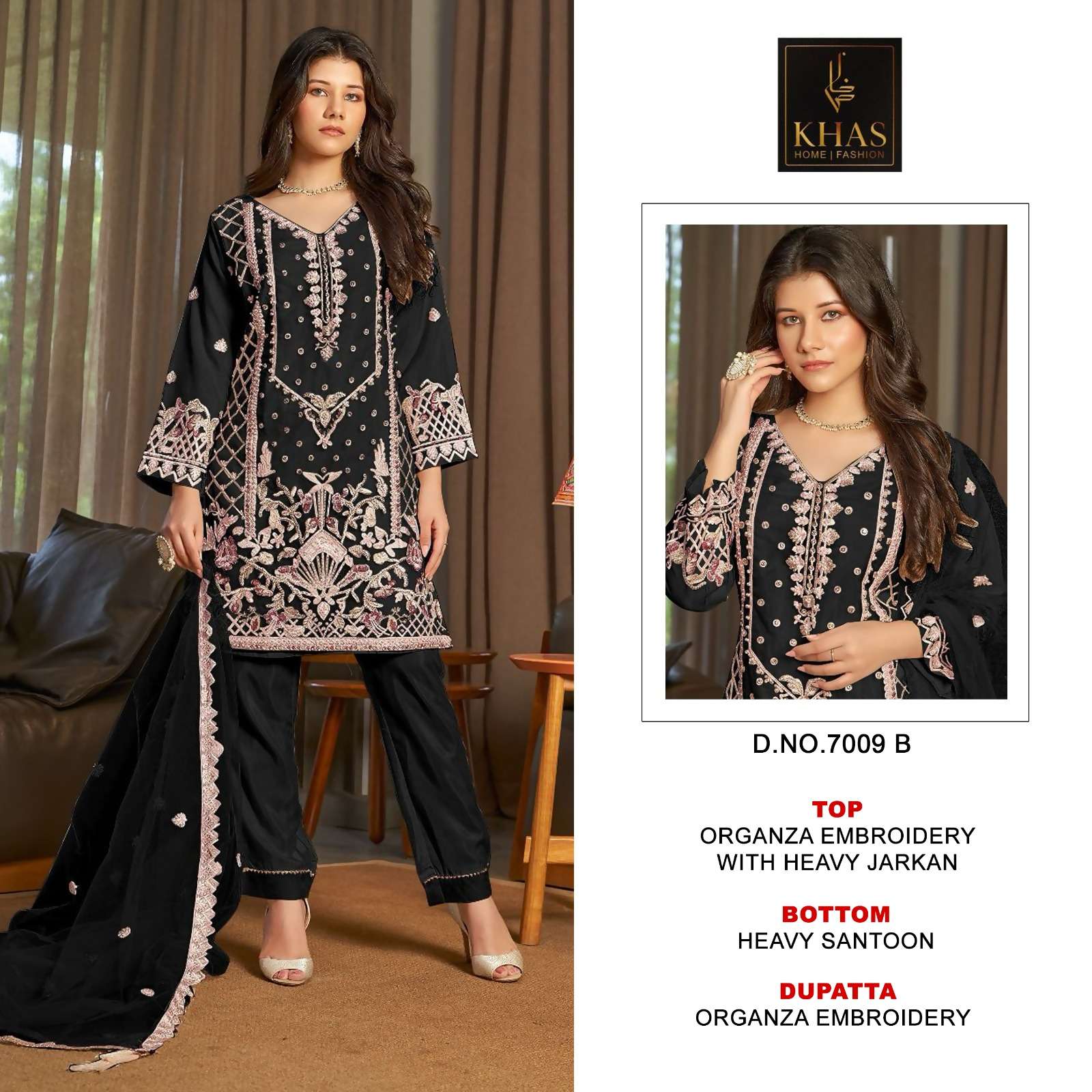 KHAS FASHION D NO 7009 ORGANZA FANCY EMBROIDERY WORK SUIT
