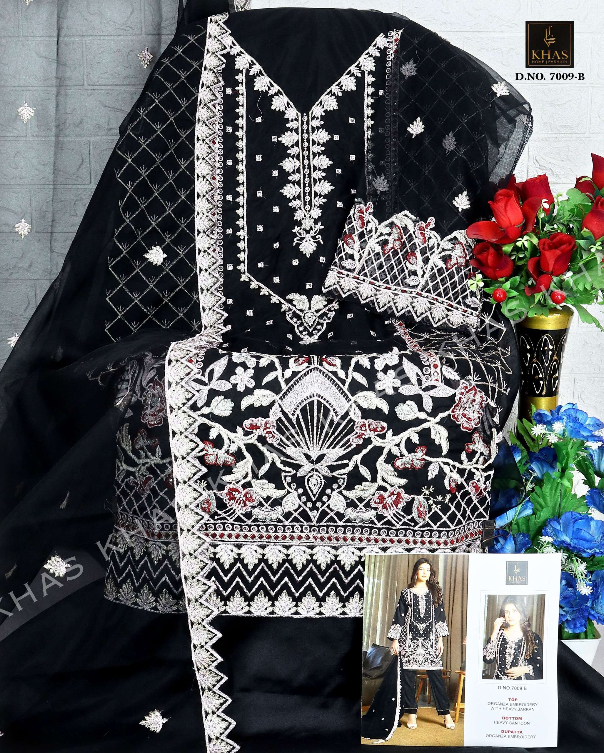 KHAS FASHION D NO 7009 ORGANZA FANCY EMBROIDERY WORK SUIT