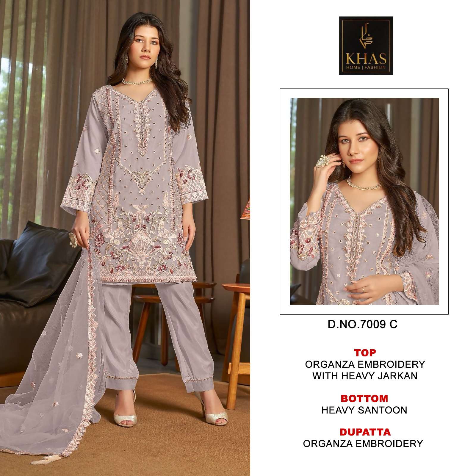 KHAS FASHION D NO 7009 ORGANZA FANCY EMBROIDERY WORK SUIT