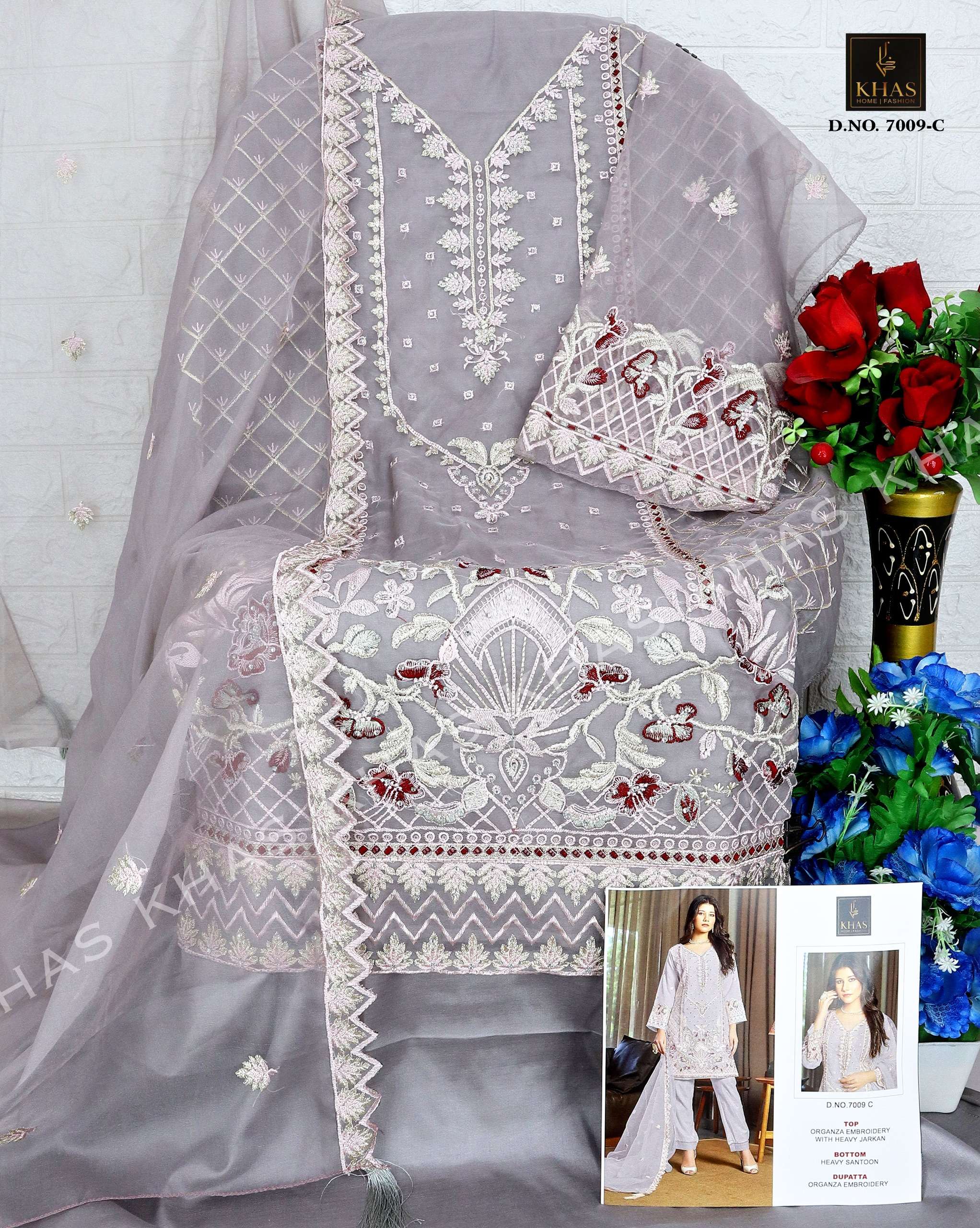 KHAS FASHION D NO 7009 ORGANZA FANCY EMBROIDERY WORK SUIT