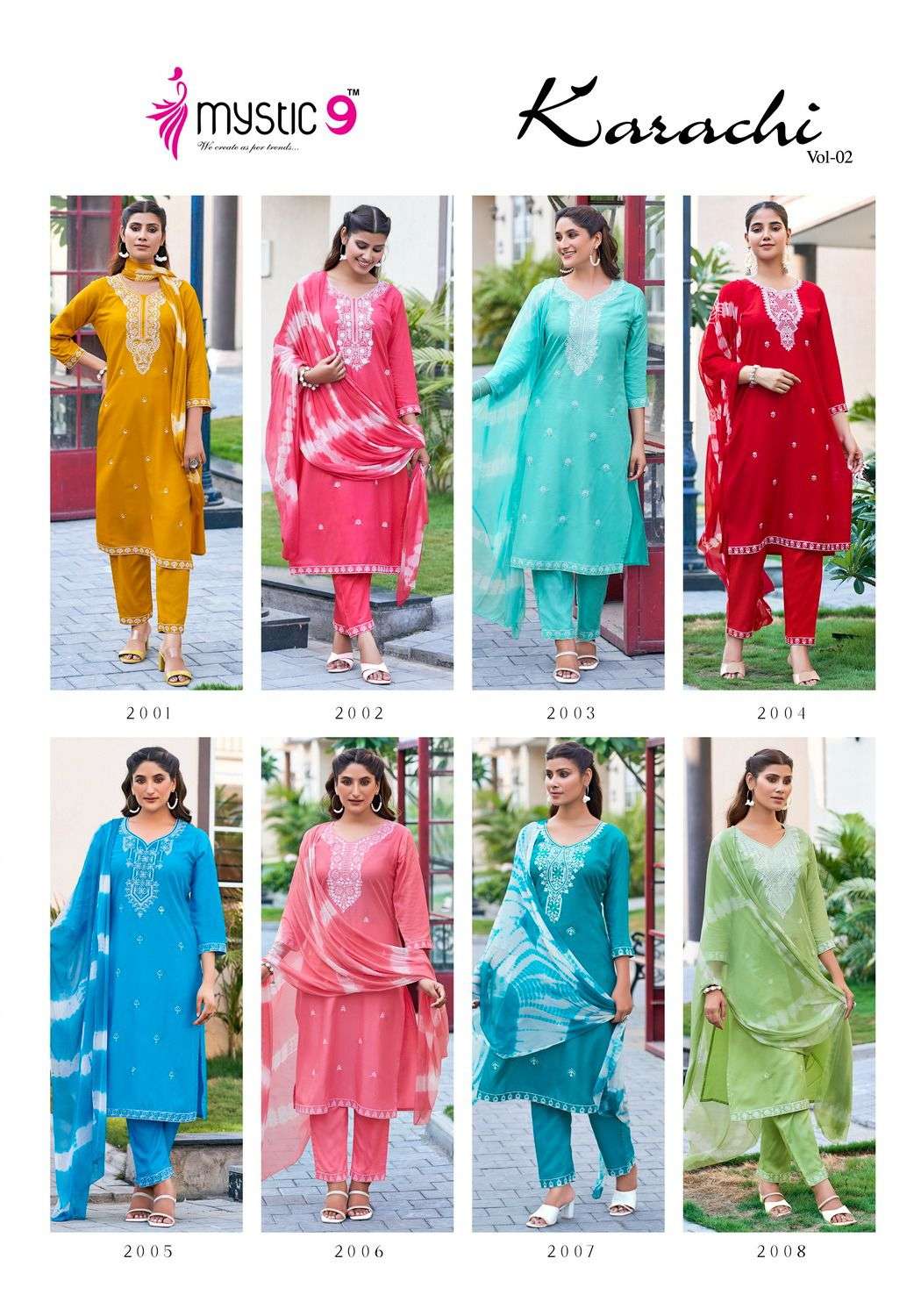 MYSTIC 9 KARACHI VOL 2 RAYON FANCY LUCKNOWI WORK KURTI COMBO SET