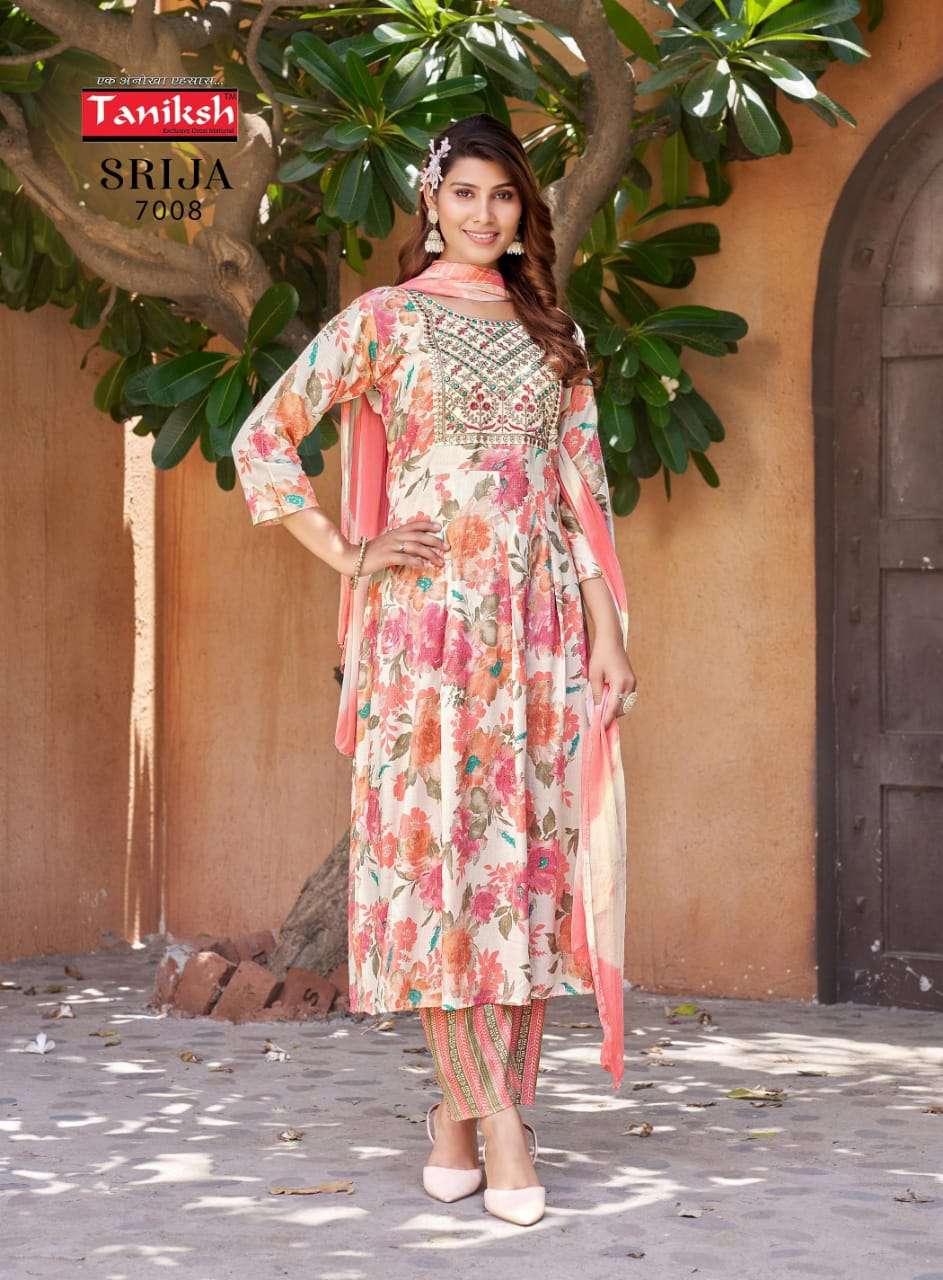 TANIKSH SRIJA VOL 7 RAYON PRINT FANCY NAIRA CUT PATTERN KURTI COMBO SET 