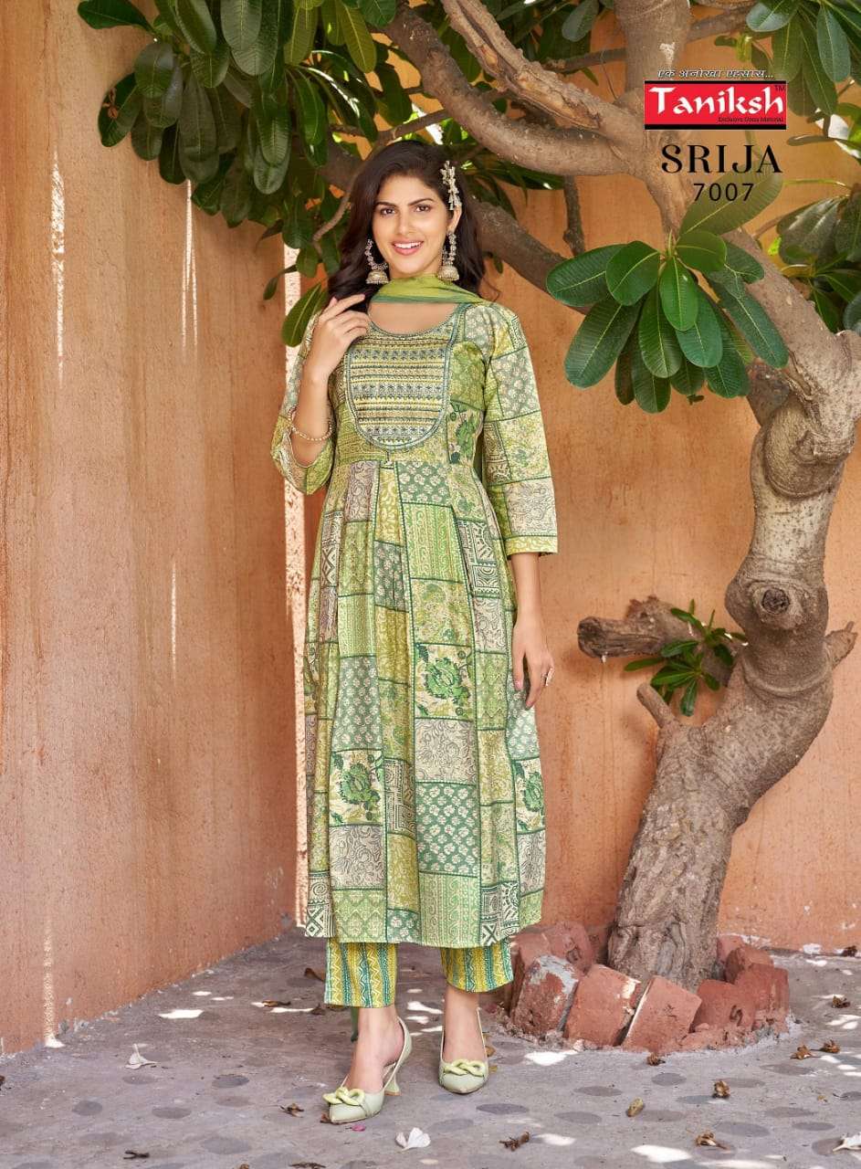 TANIKSH SRIJA VOL 7 RAYON PRINT FANCY NAIRA CUT PATTERN KURTI COMBO SET 