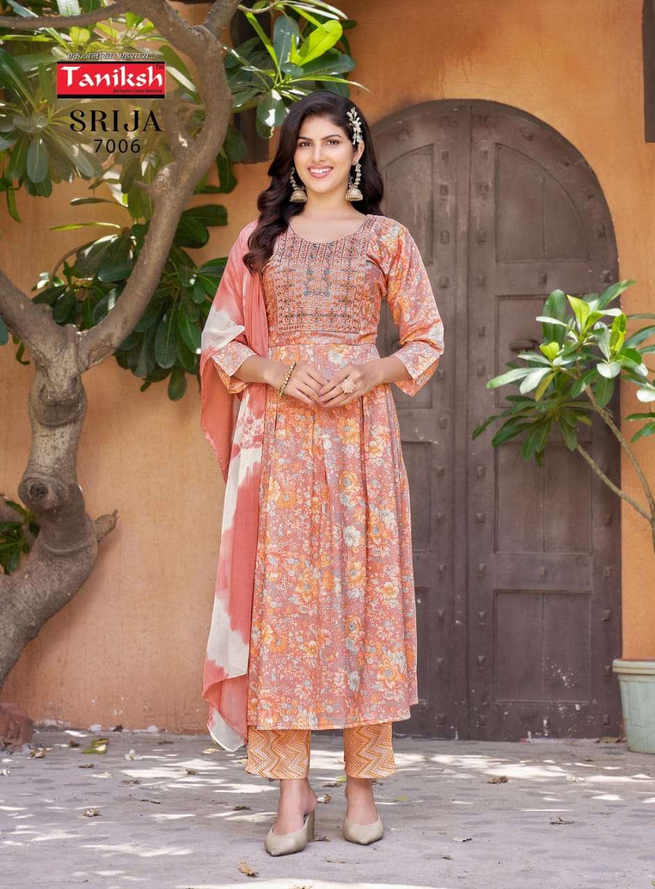 TANIKSH SRIJA VOL 7 RAYON PRINT FANCY NAIRA CUT PATTERN KURTI COMBO SET 