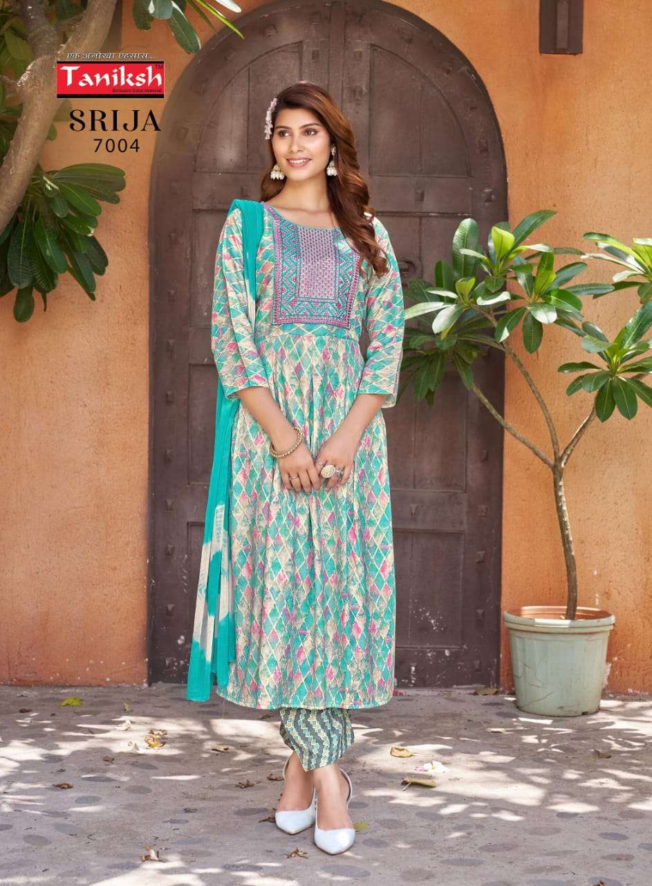 TANIKSH SRIJA VOL 7 RAYON PRINT FANCY NAIRA CUT PATTERN KURTI COMBO SET 