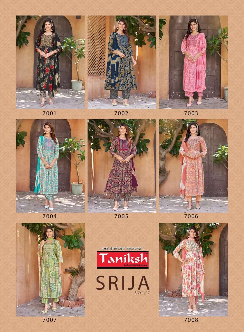 TANIKSH SRIJA VOL 7 RAYON PRINT FANCY NAIRA CUT PATTERN KURTI COMBO SET 
