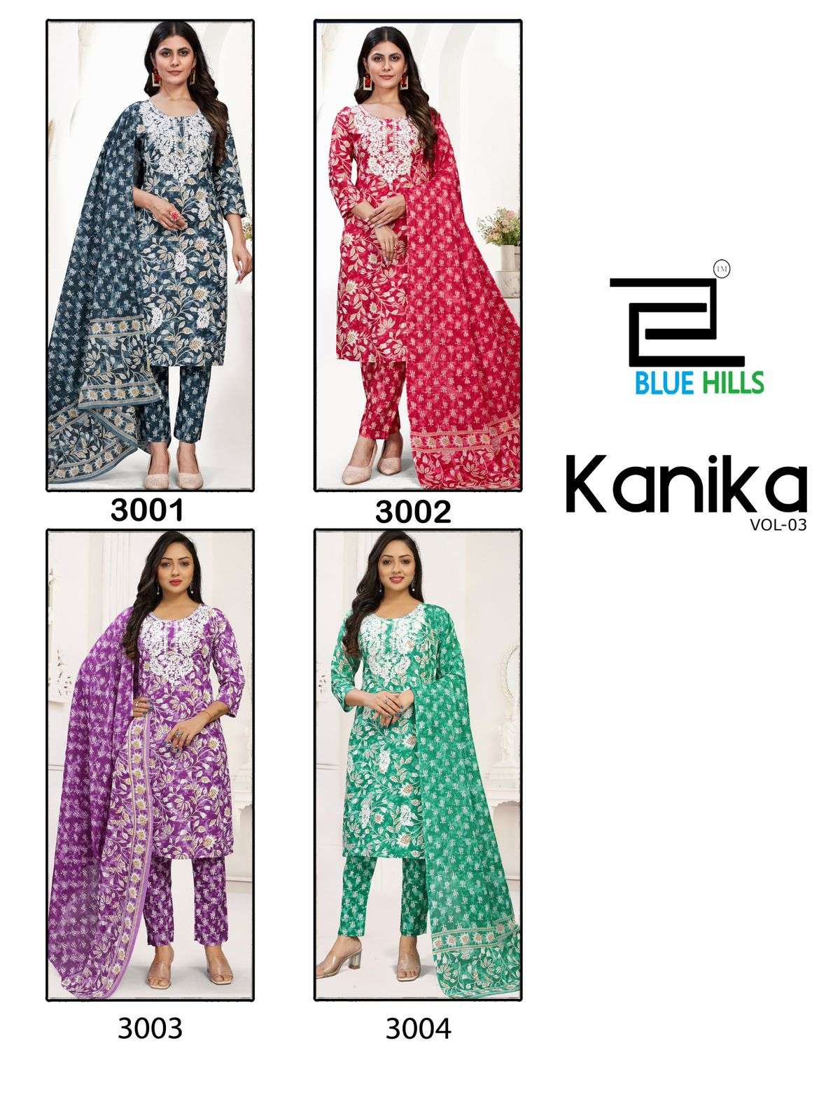  BLUE HILLS KANIKA VOL 3 COTTON FANCY WORK KURTI COMBO SET 