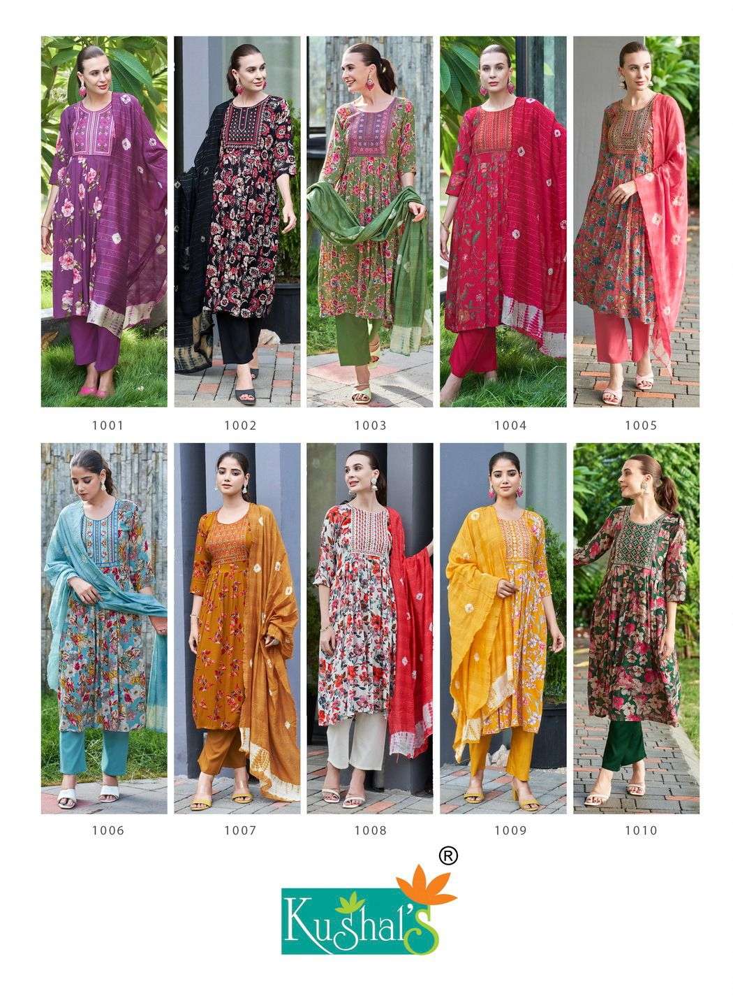KUSHALS MORNI FANCY NAIRA CUT PATTERN KURTI COMBO SET