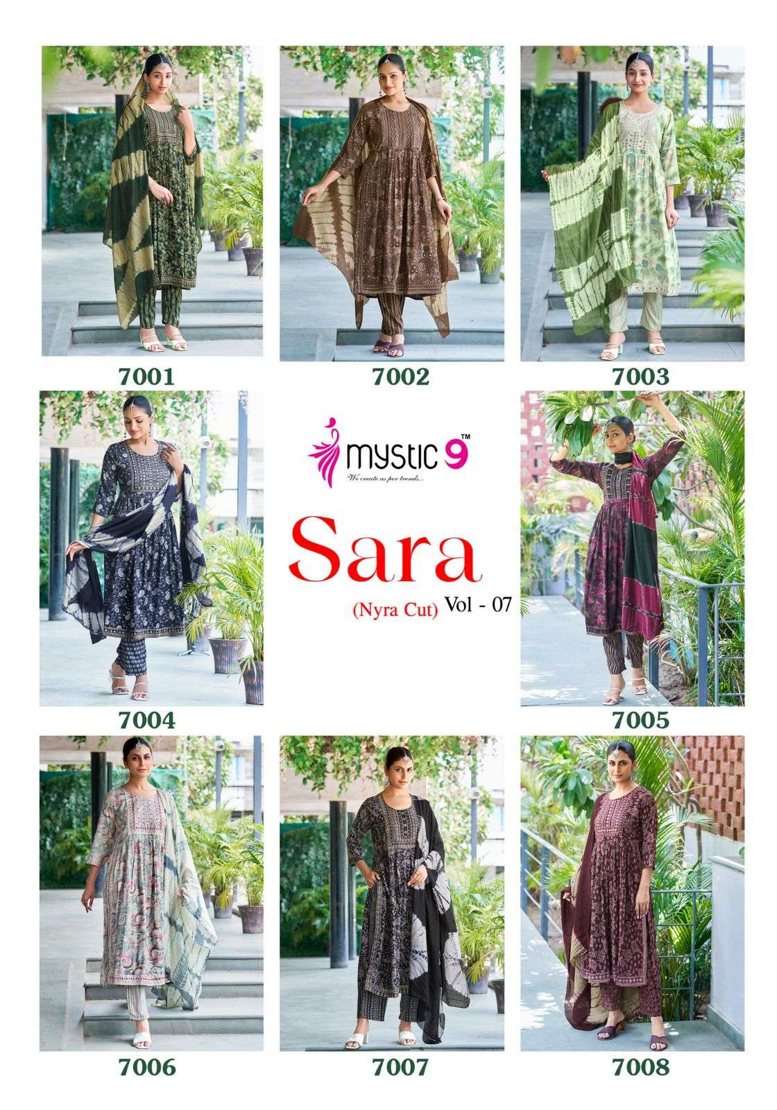 MYSTIC 9 SARA VOL 7 RAYON FANCY NAIRA CUT PATTERN KURTI COMBO SET 