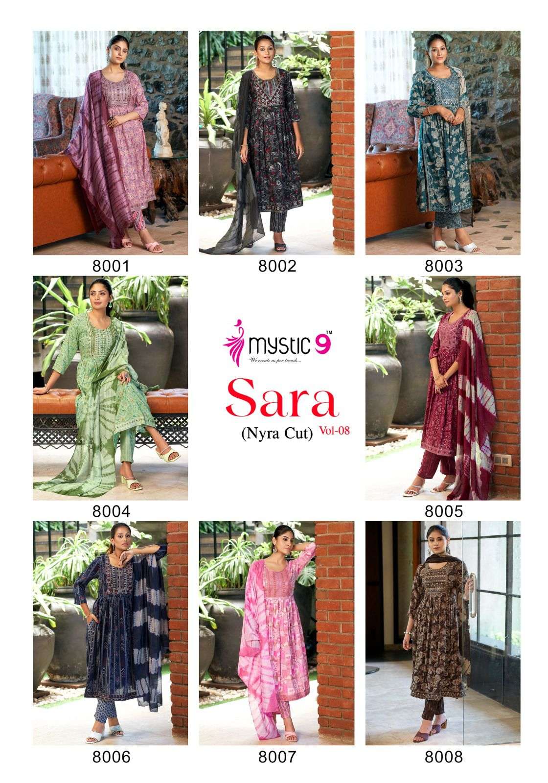 MYSTIC 9 SARA VOL 8 RAYON NAIRA CUT PATTERN LADIES KURTI COMBO SET