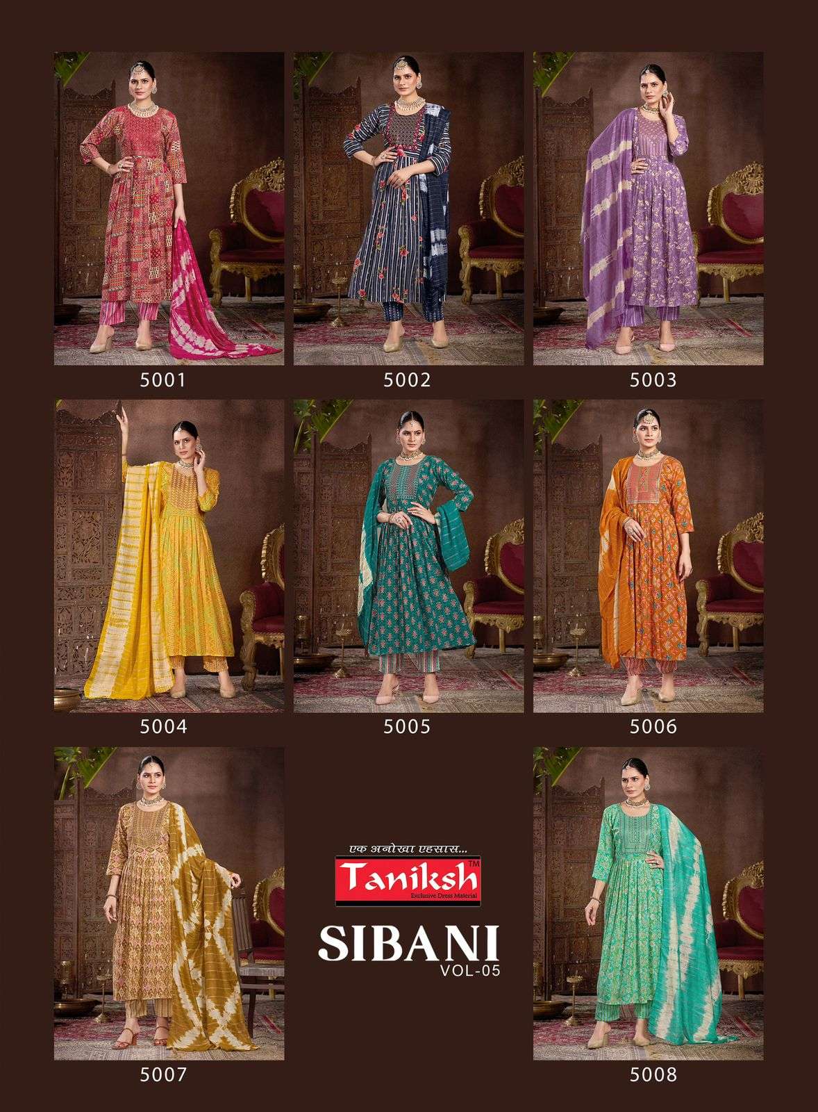 TANIKSH SIBANI VOL 5 RAYON FANCY NAIRA CUT PATTERN KURTI COMBO SET 
