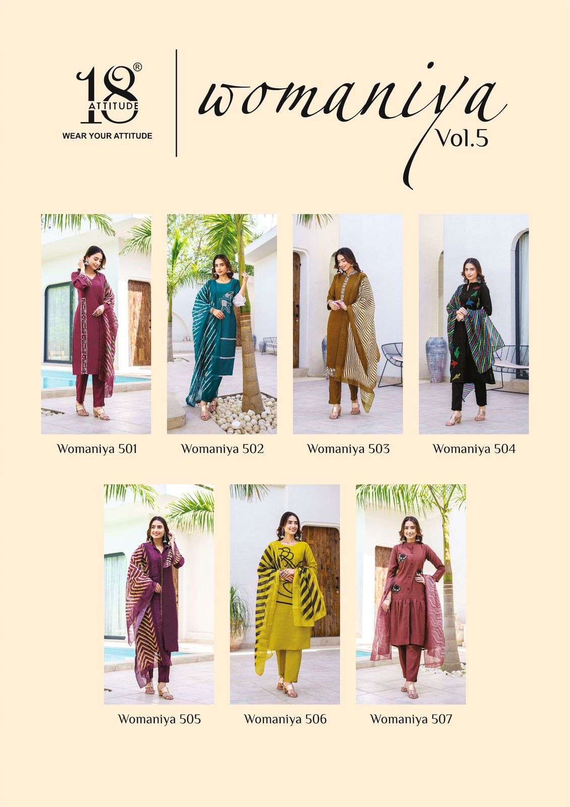 18 ATTITUDE WOMANIYA VOL 5 VISCOSE FANCY WORK KURTI COMBO SET 