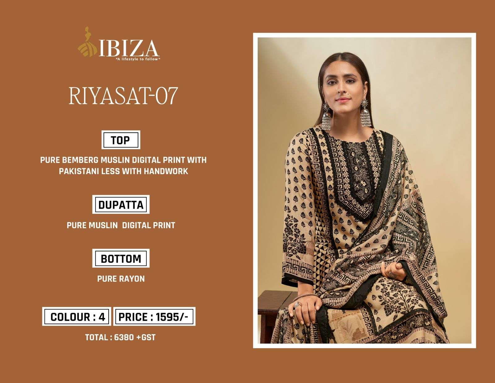 IBIZA RIYASAT VOL 7 MUSLIN DIGITAL PRINT WITH FANCY HAND WORK SUIT