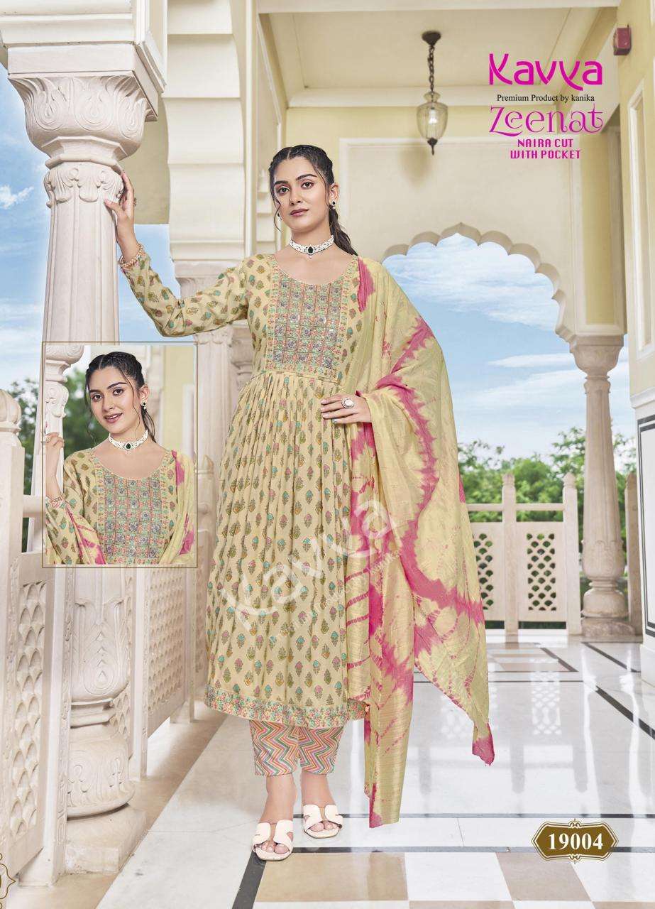 KAVYA ZEENAT VOL 19 NAIRA CUT PATTERN FANCY KURTI COMBO SET 