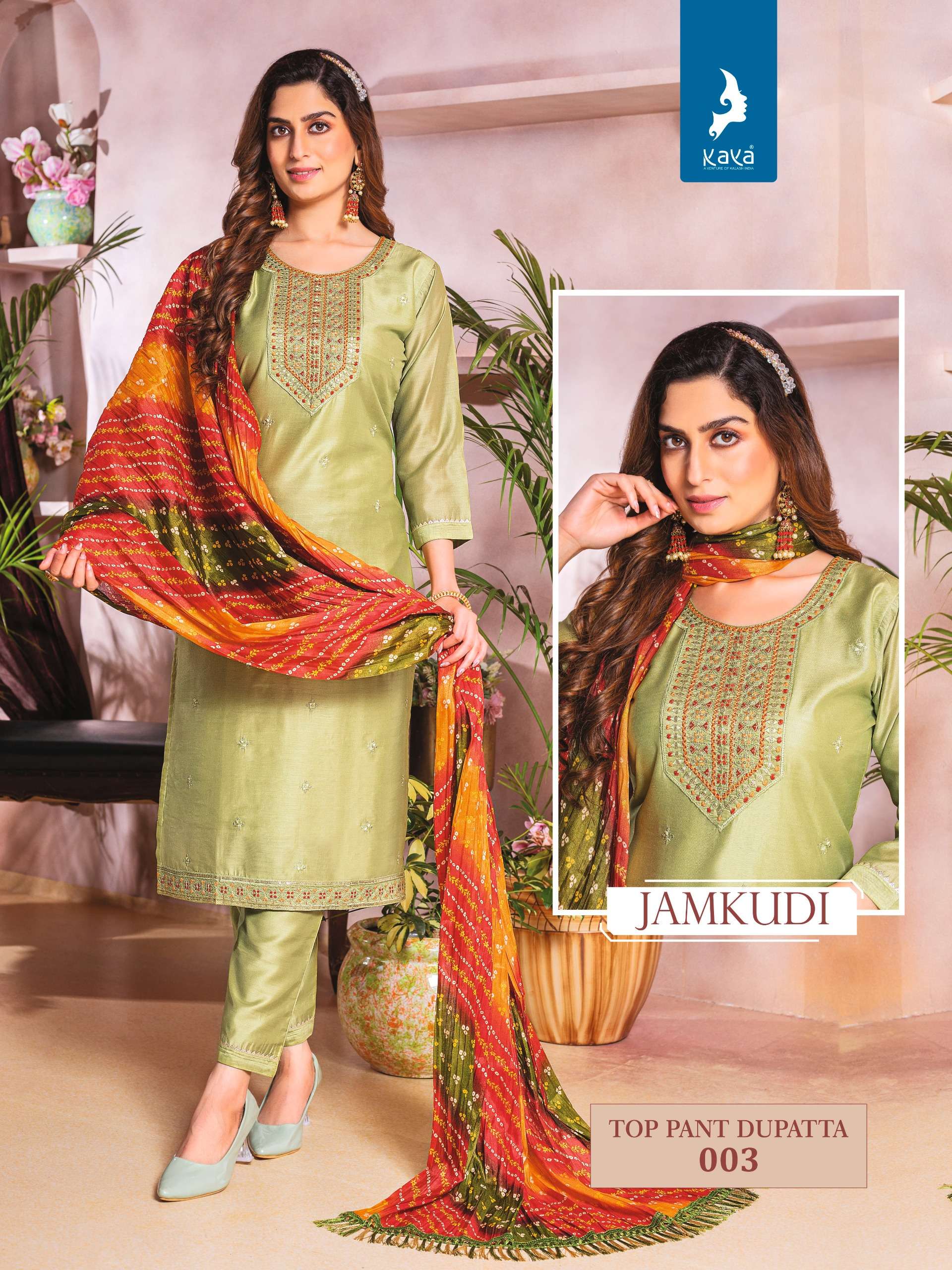 KAYA JAMKUDI SILK DESIGNER KURTI COMBO SET 