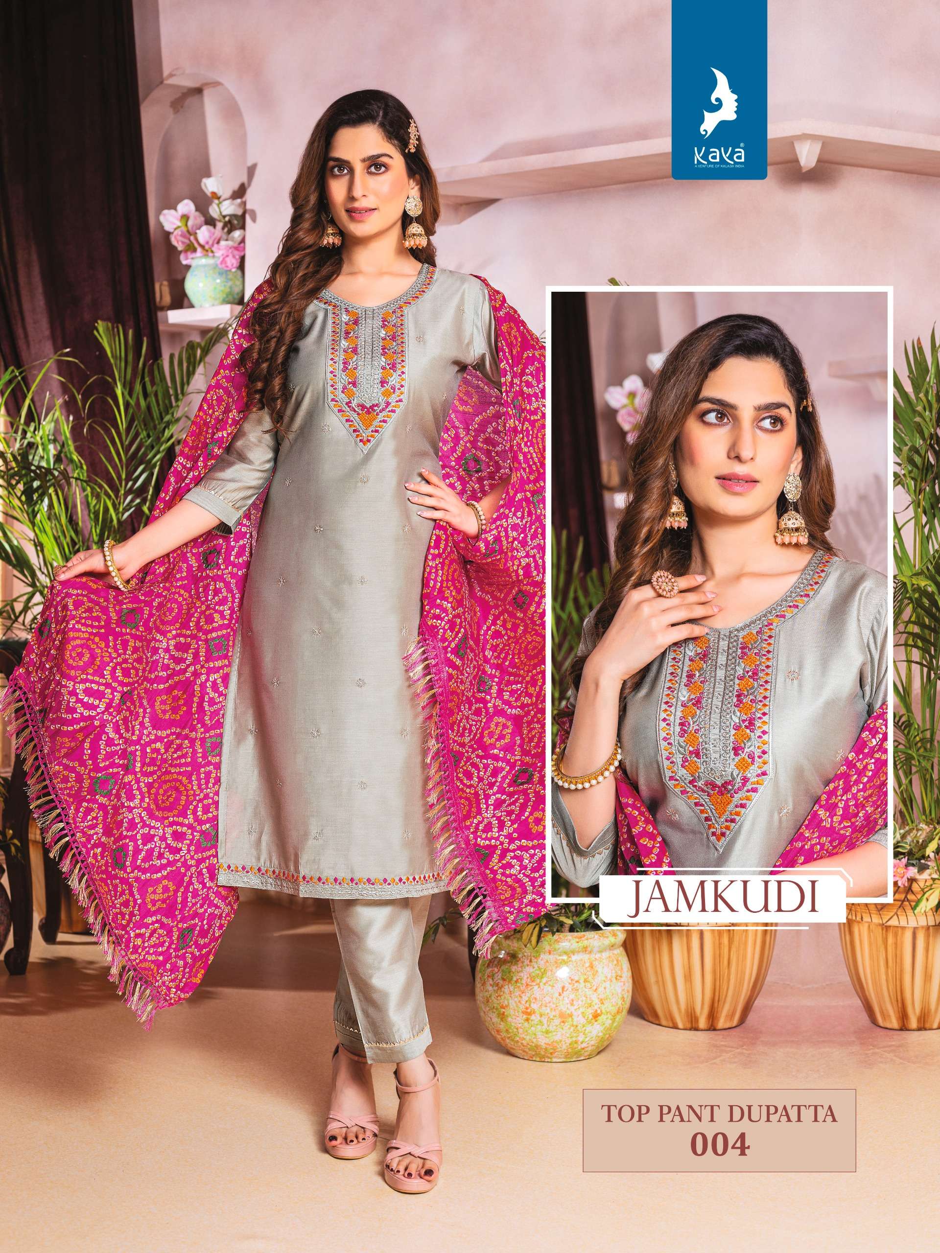 KAYA JAMKUDI SILK DESIGNER KURTI COMBO SET 