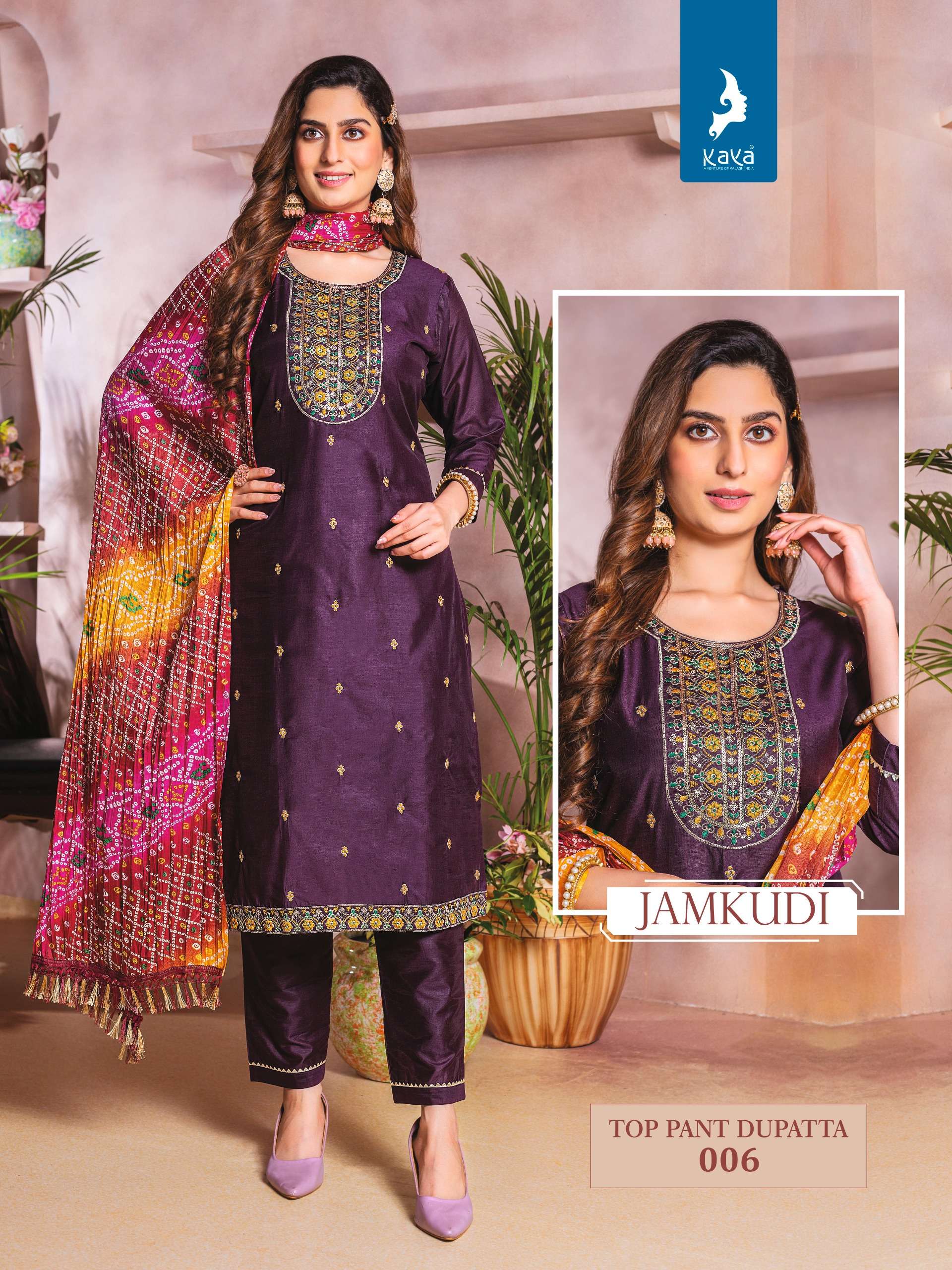 KAYA JAMKUDI SILK DESIGNER KURTI COMBO SET 