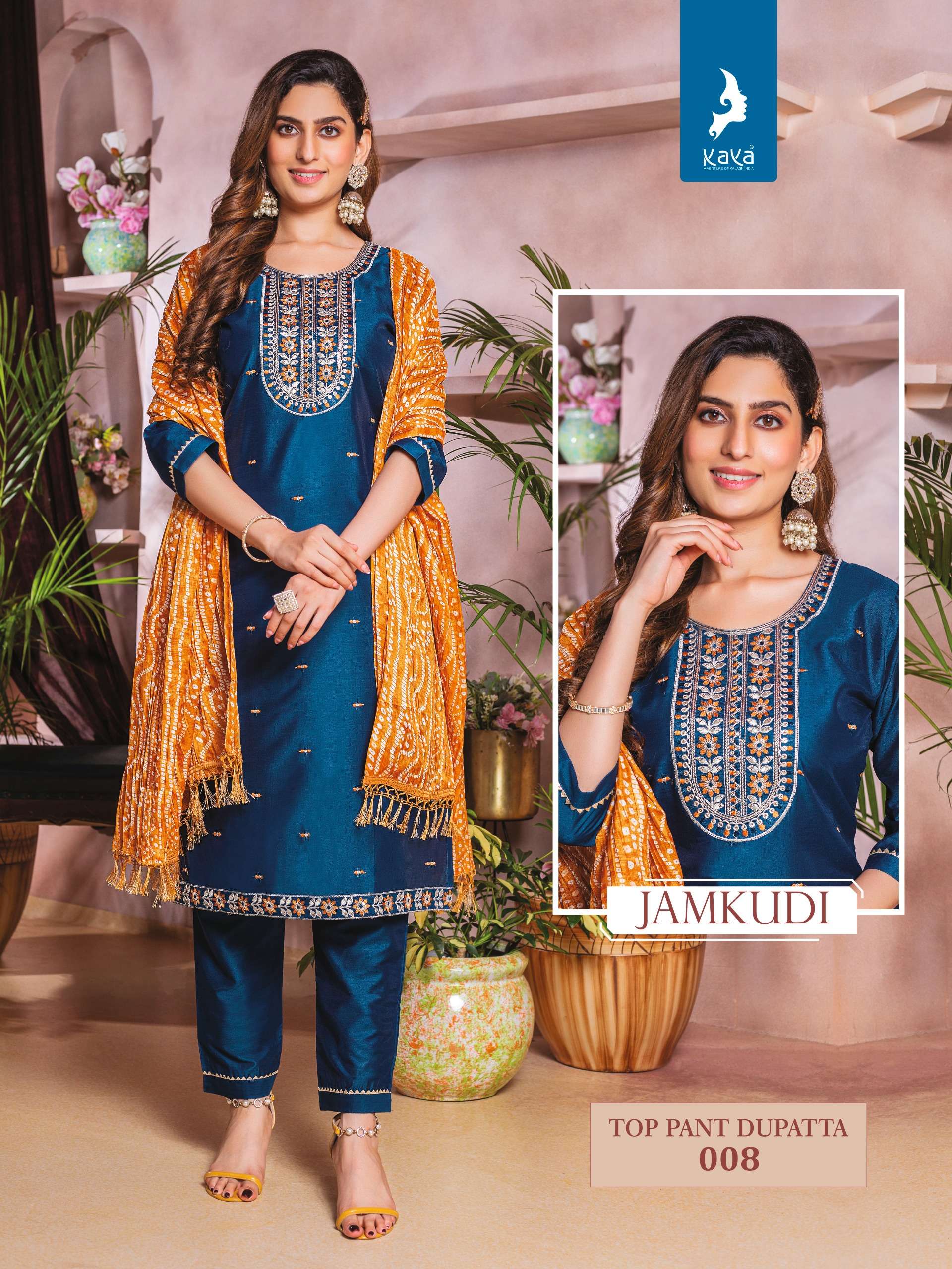 KAYA JAMKUDI SILK DESIGNER KURTI COMBO SET 