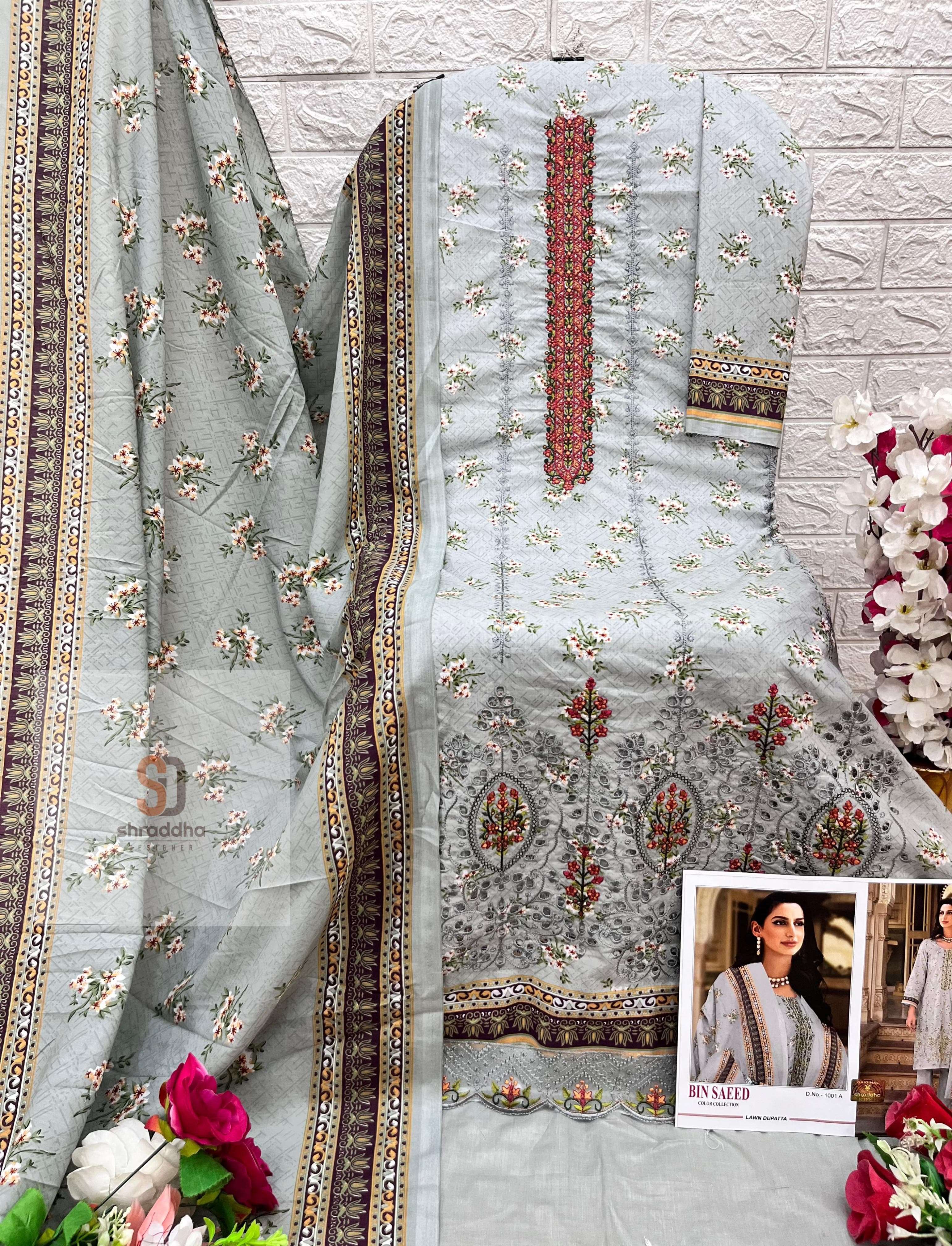 SHARADDHA DESIGNER BIN SAEED COLOUR COLLECTION COTTON FANCY WORK SUIT    