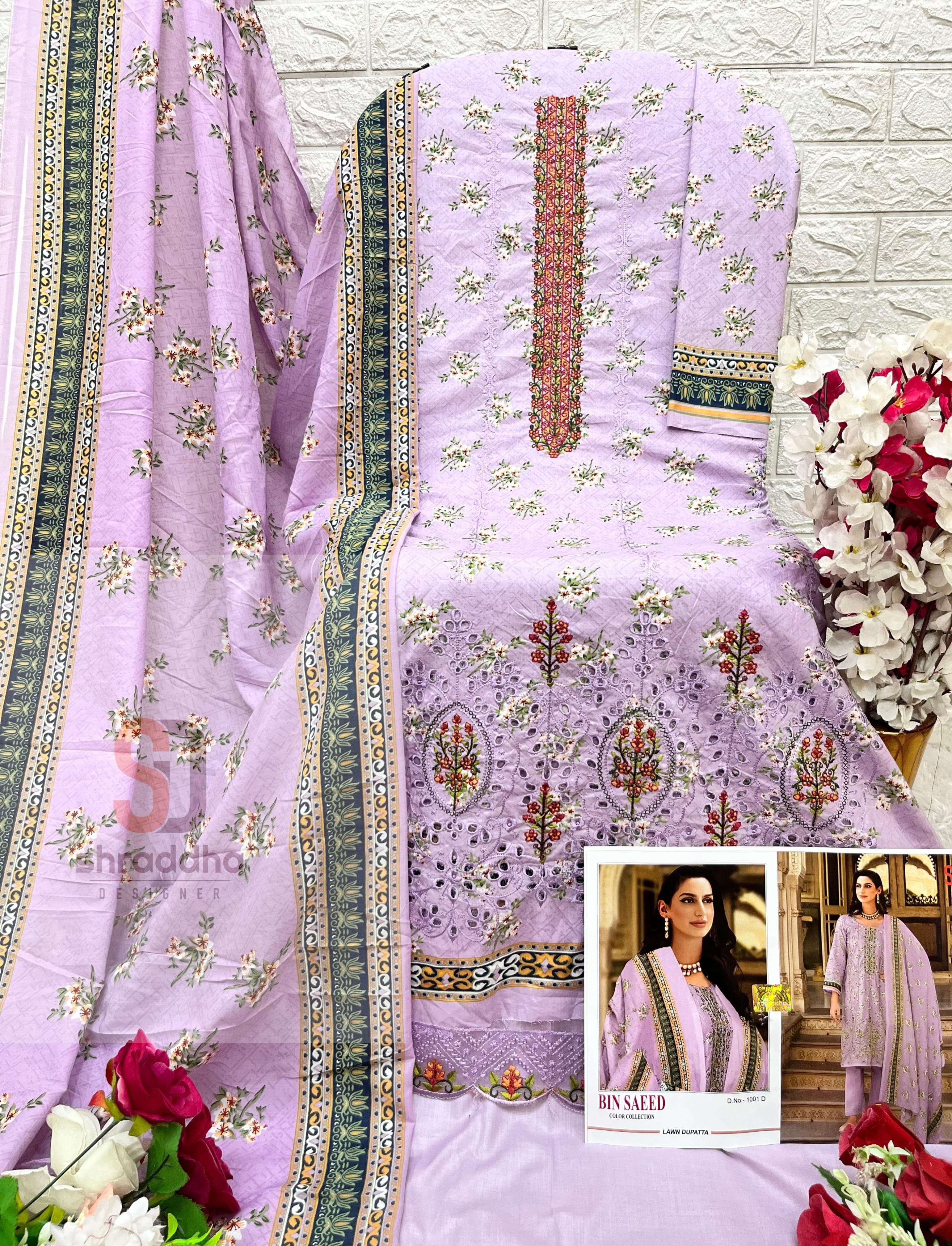 SHARADDHA DESIGNER BIN SAEED COLOUR COLLECTION COTTON FANCY WORK SUIT    