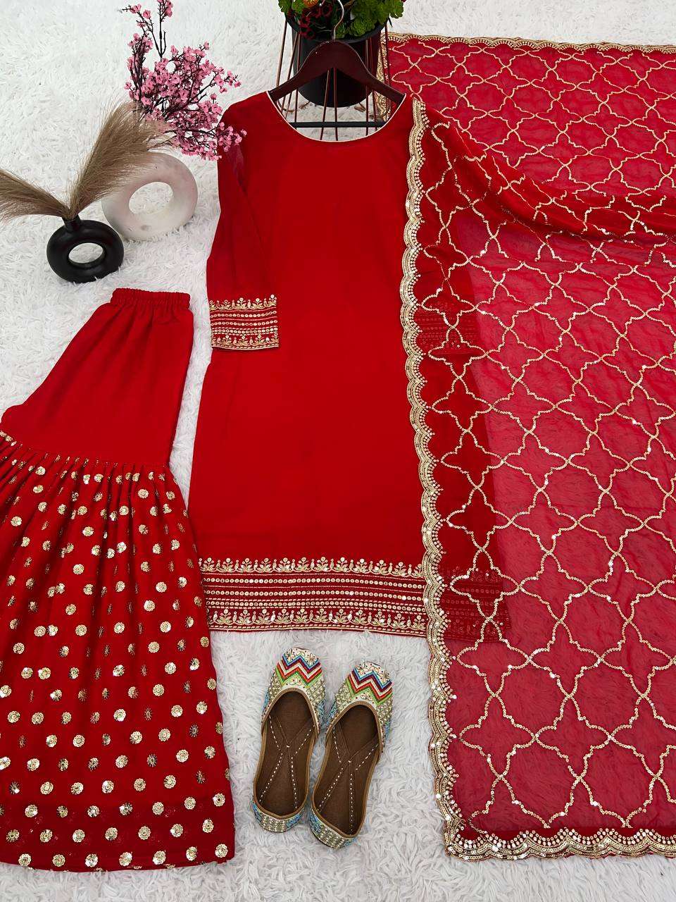 SRK 5191 ROSE RED SHADE TOP WITH SHARARA PLAZZO AND DUPATTA 