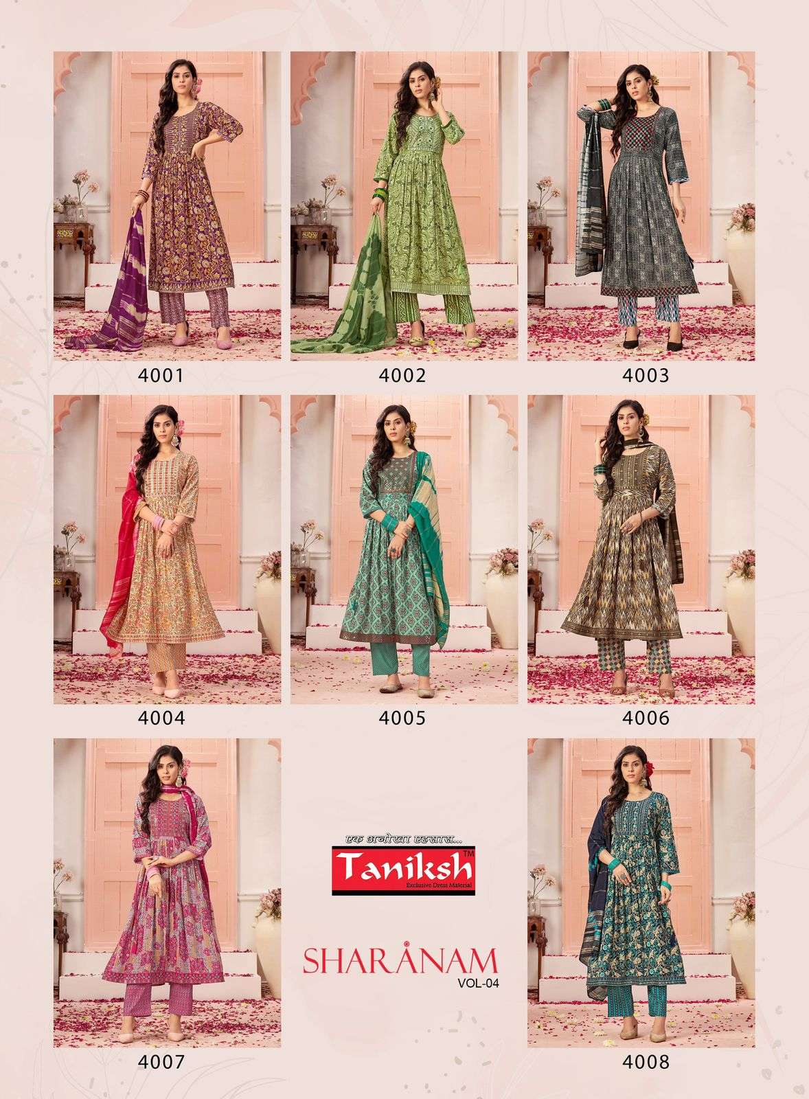 TANIKSH SHARNAM VOL 4 RAYON NAIRA CUT PATTERN KURTI COMBO SET 