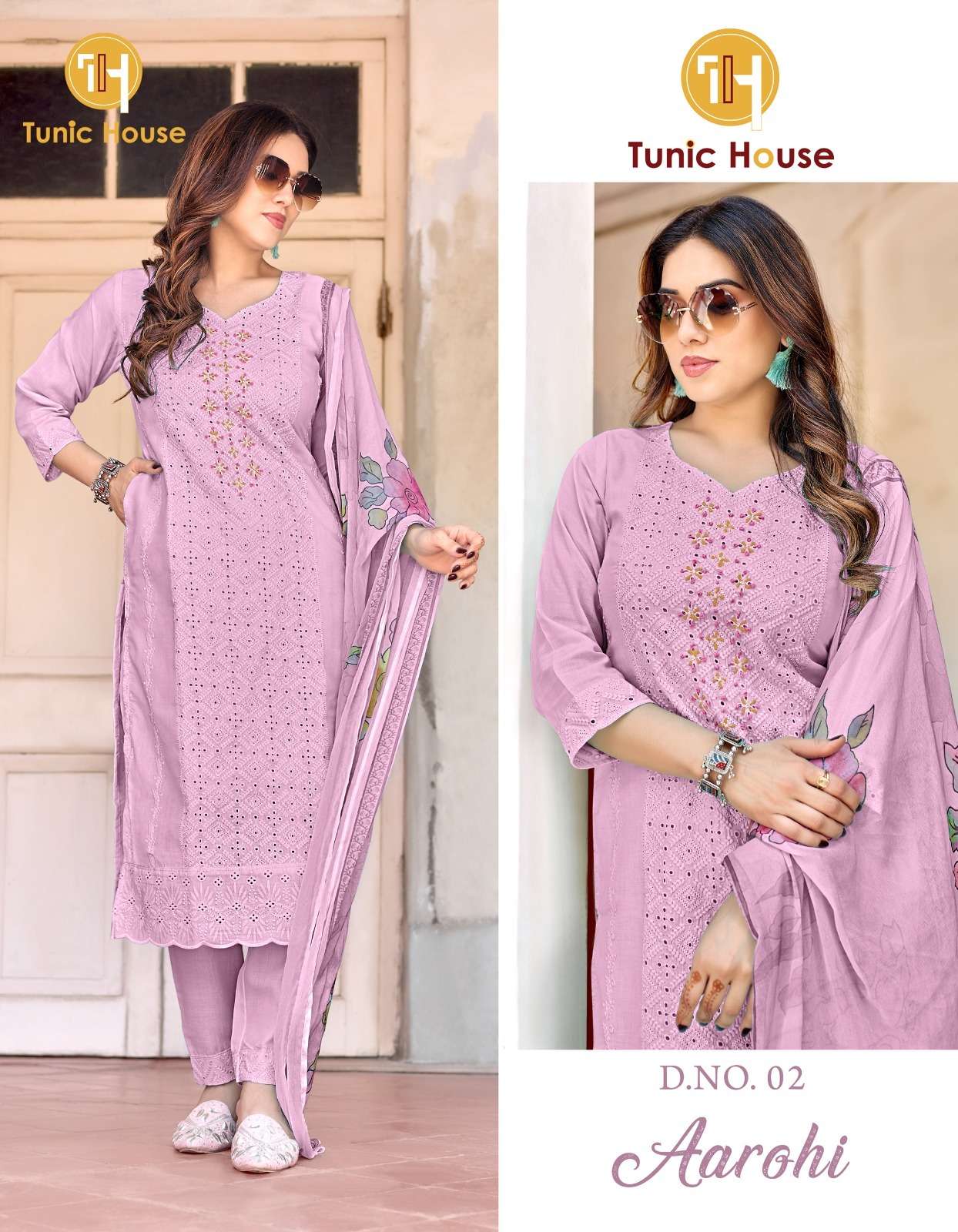TUNIC HOUSE AAROHI SCHIFFLI COTTON FANCY KURTI COMBO SET 