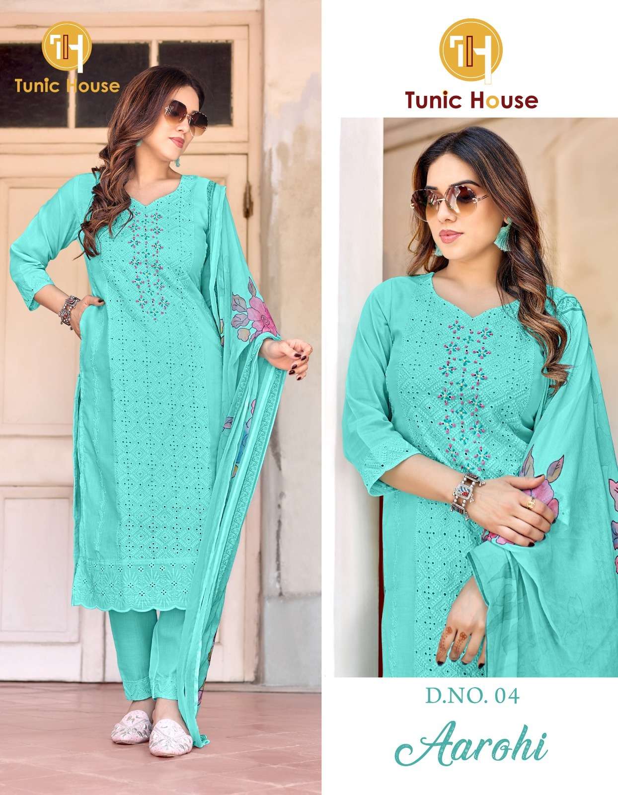 TUNIC HOUSE AAROHI SCHIFFLI COTTON FANCY KURTI COMBO SET 