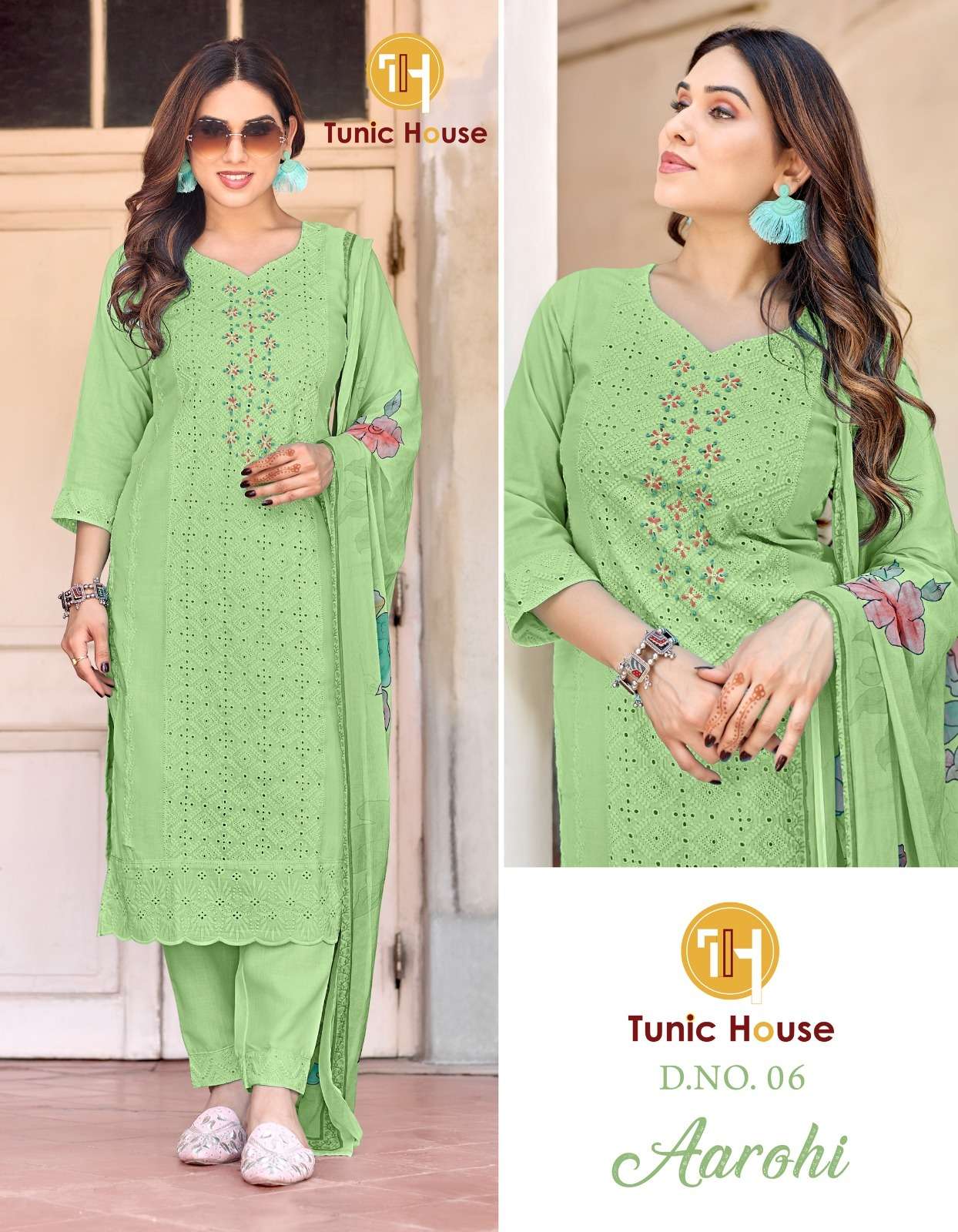 TUNIC HOUSE AAROHI SCHIFFLI COTTON FANCY KURTI COMBO SET 
