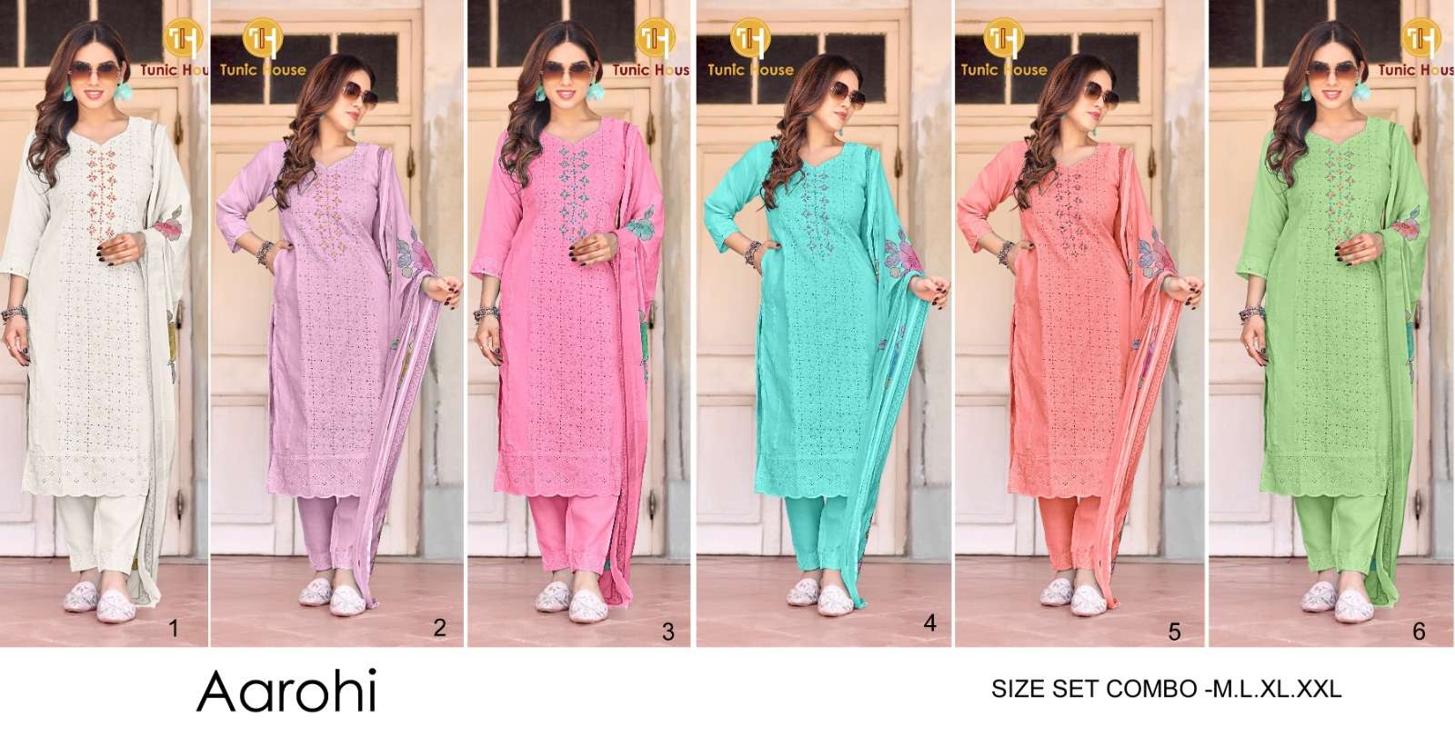 TUNIC HOUSE AAROHI SCHIFFLI COTTON FANCY KURTI COMBO SET 