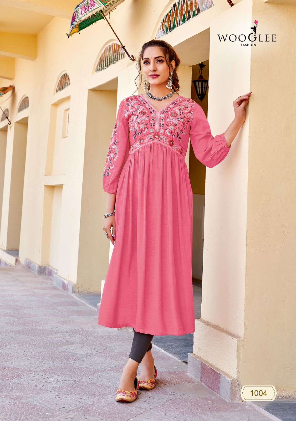 WOOGLEE VEDAM RAYON FANCY WORK NAIRA CUT STYLE KURTI 