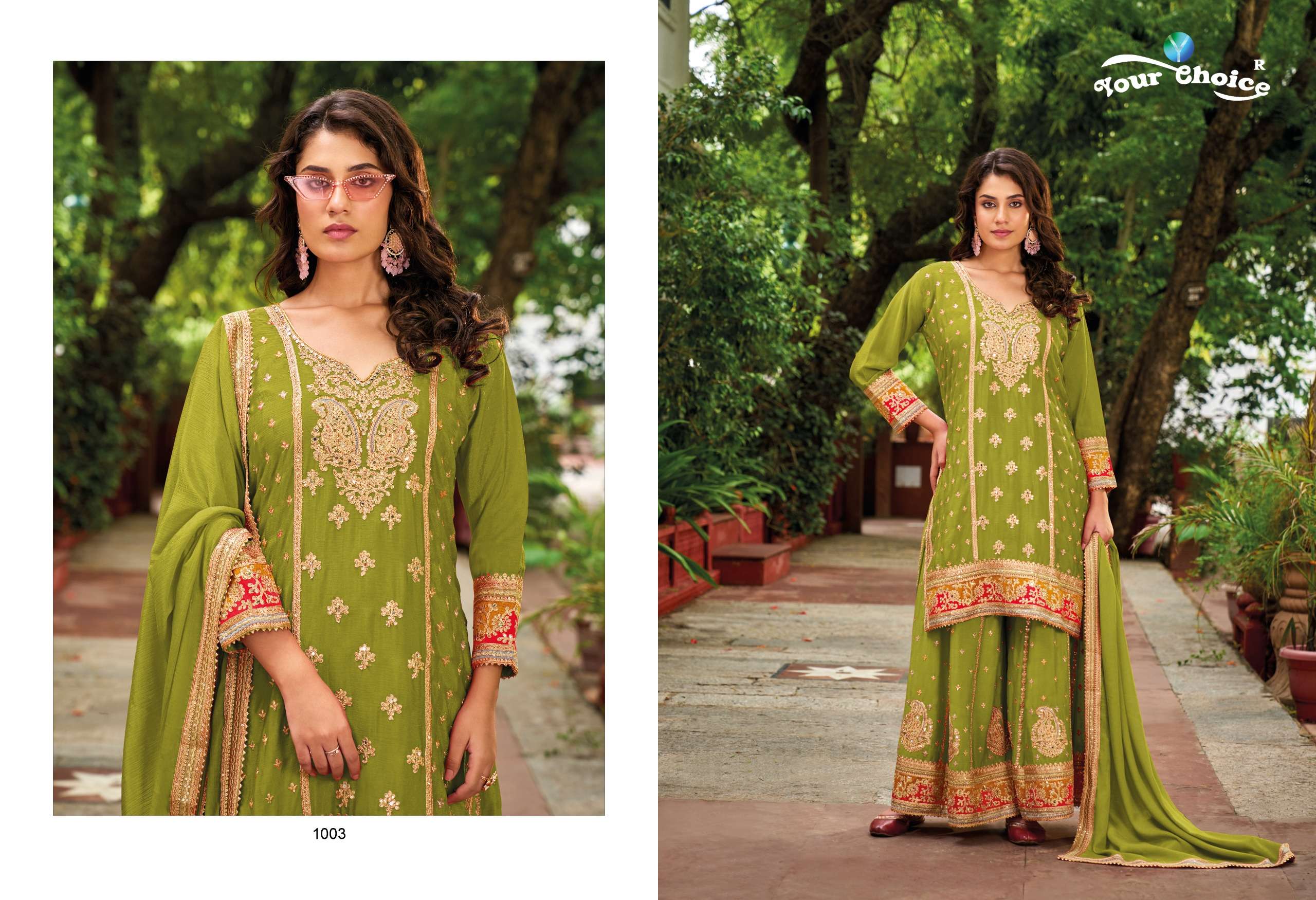 YOUR CHOICE OLIVE PLUSE HEAVY DESIGNER SHARARA SUIT