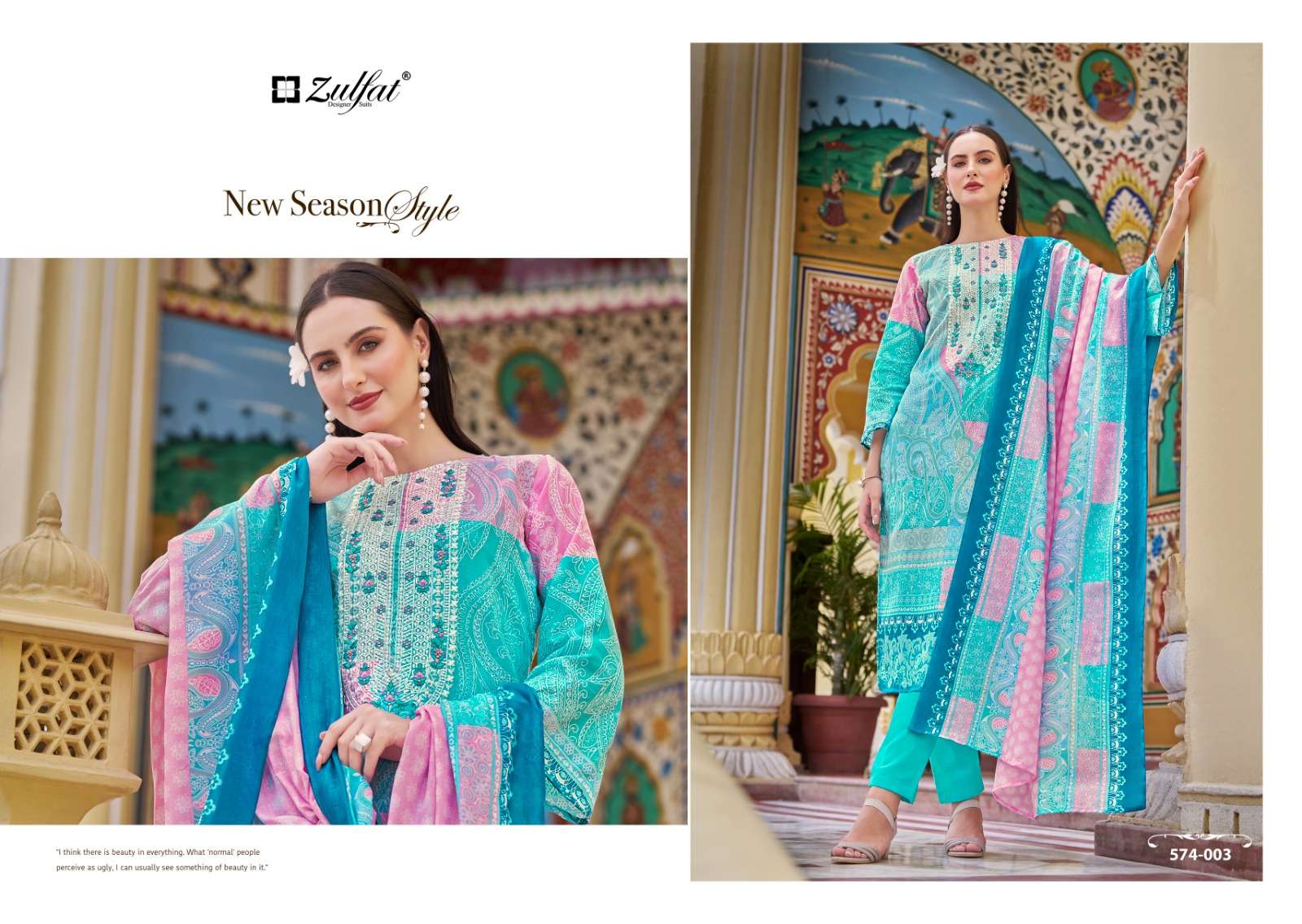 ZULFAT DESIGNER SUITS SHABAD COTTON PRINT WITH FANCY WORK SUIT
