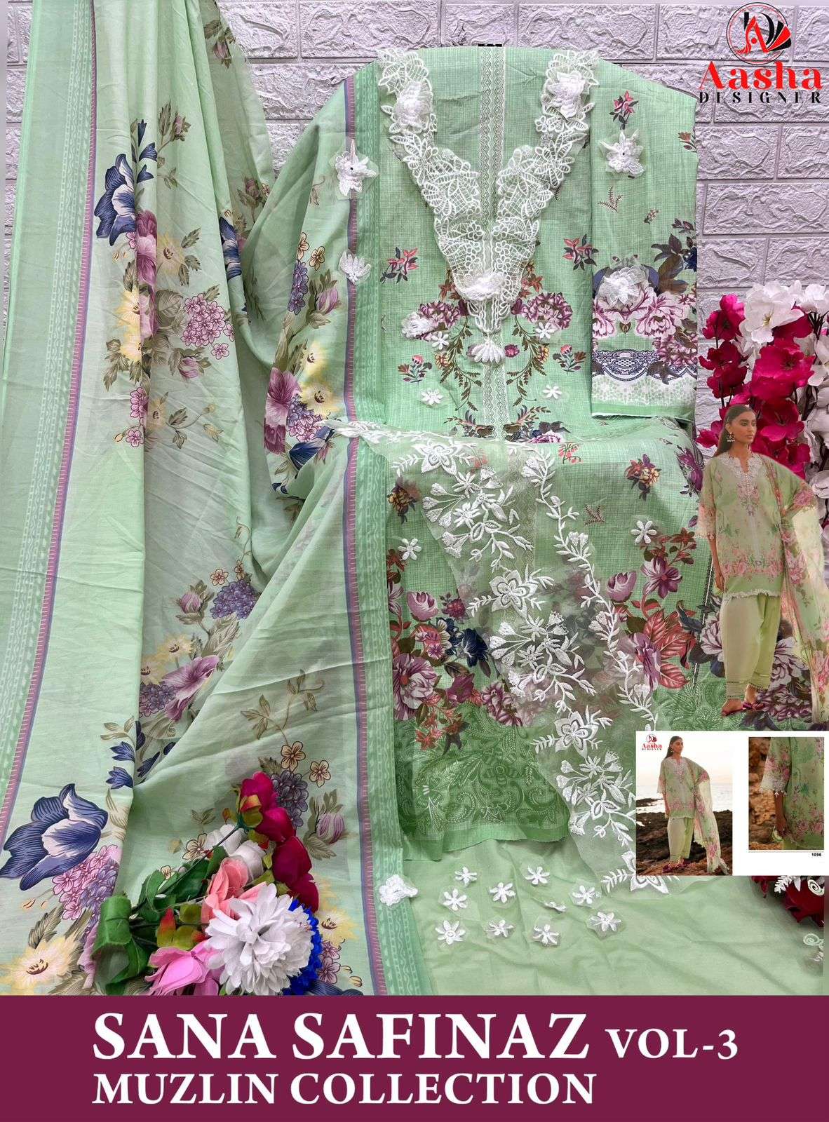AASHA DESIGNER DESIGN NO - 1096 - 1097 SANA SAFINAZ VOL-3 MUZLIN COLLECTION HEAVY EMBROIDERY PARTY WEAR SUIT