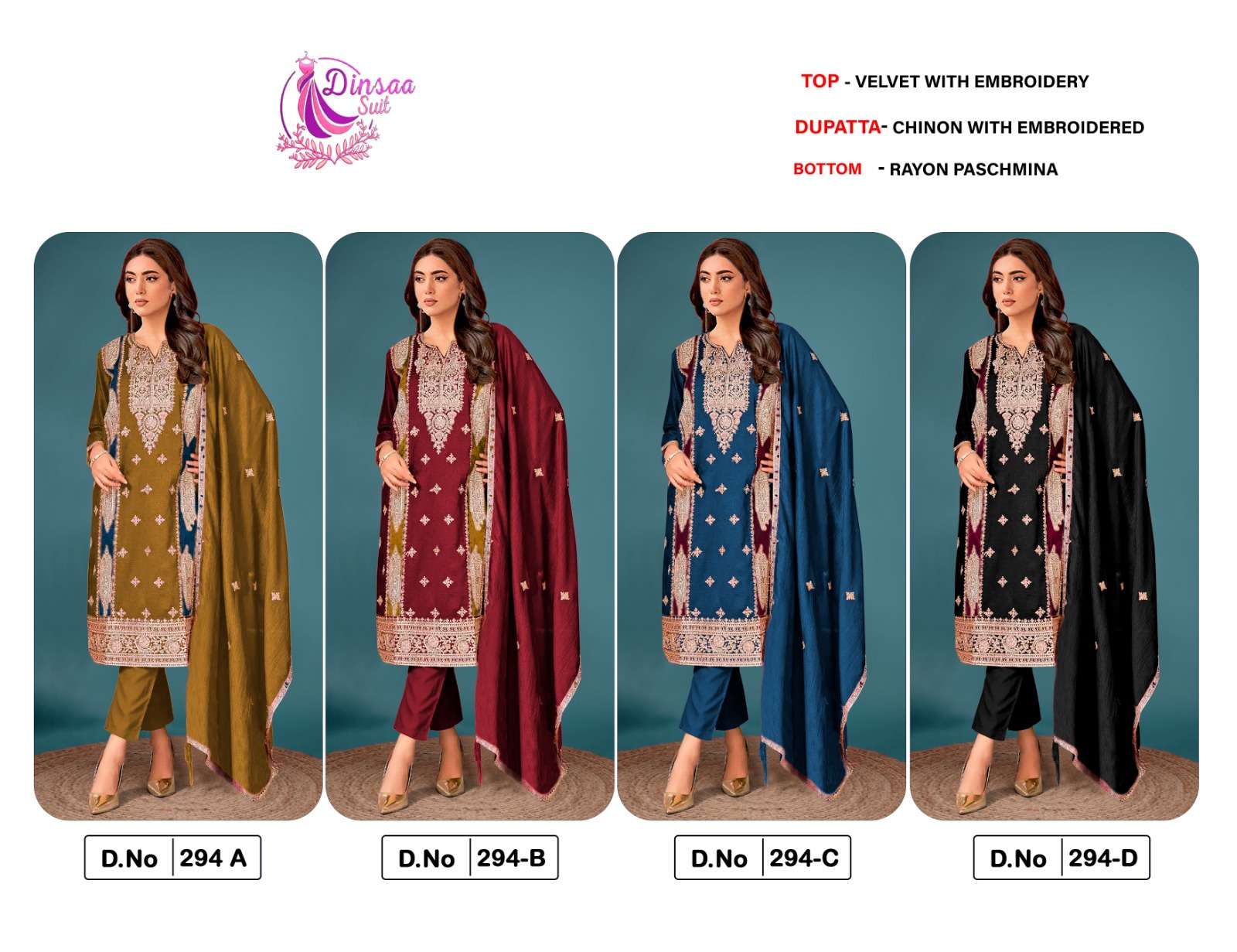 DINSAA SUIT DESIGN NO-294 A-B-C-D HIT DESIGN VELVET PAKISTANI SUIT